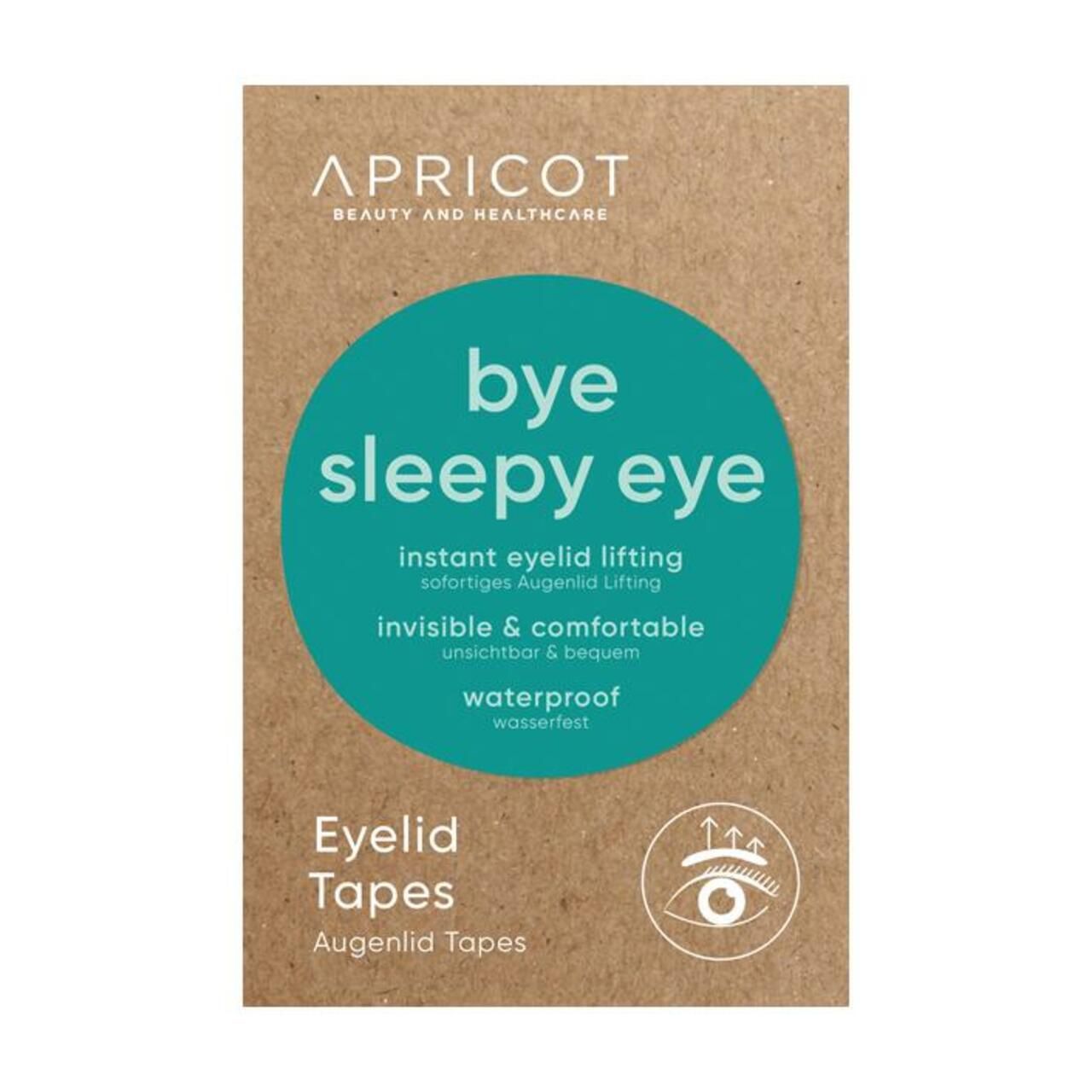 APRICOT Eyelid Tapes Verpackung. Text: Bye sleepy eye, instant eyelid lifting, waterproof.