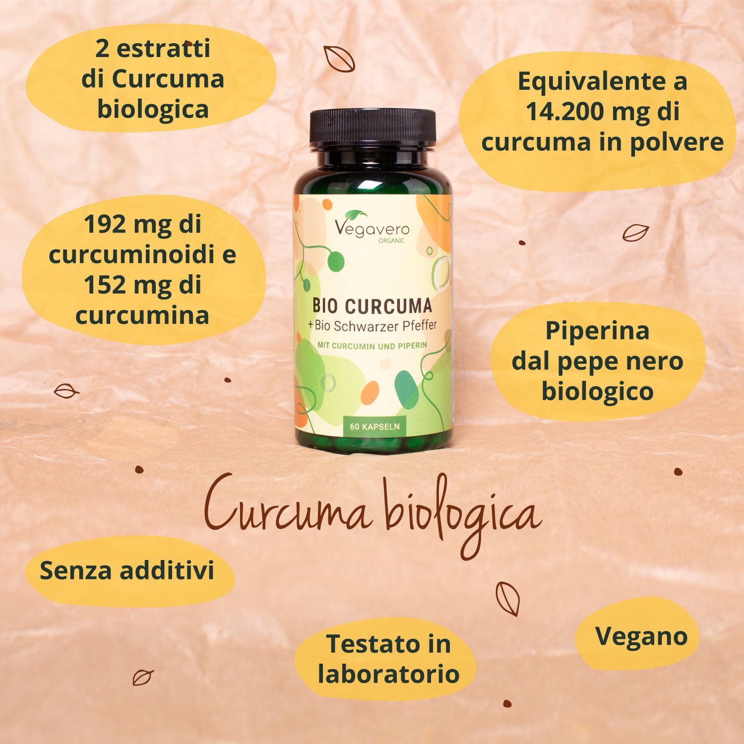 Capsule BIO CURCUMA. Testo: BIO CURCUMA + Bio Schwarzer Pfeffer. Senza additivi. Vegano. Produzione tedesca. Testato in laboratorio.