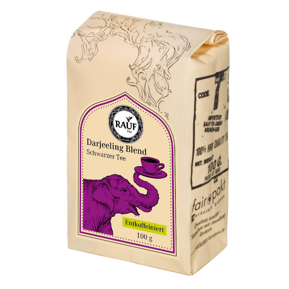 Beutel Rauf Tee Darjeeling Blend entkoffeiniert. Beige Verpackung mit Logo, Elefant-Illustration und Text.