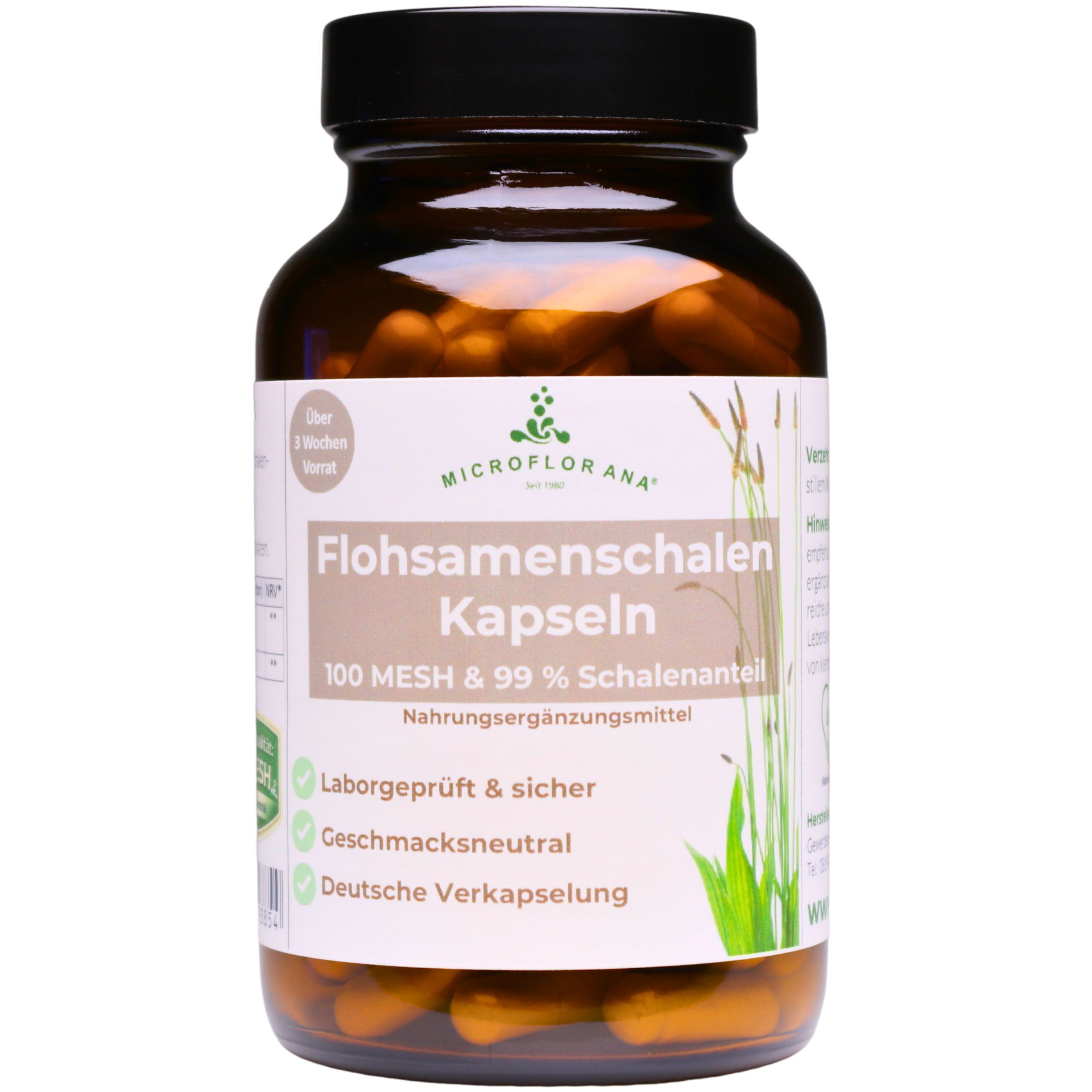 MICROFLORANA® Flohsamenschalen Kapseln hochdosiert - Natürliche Ballaststoffe - Vegan - im Glas