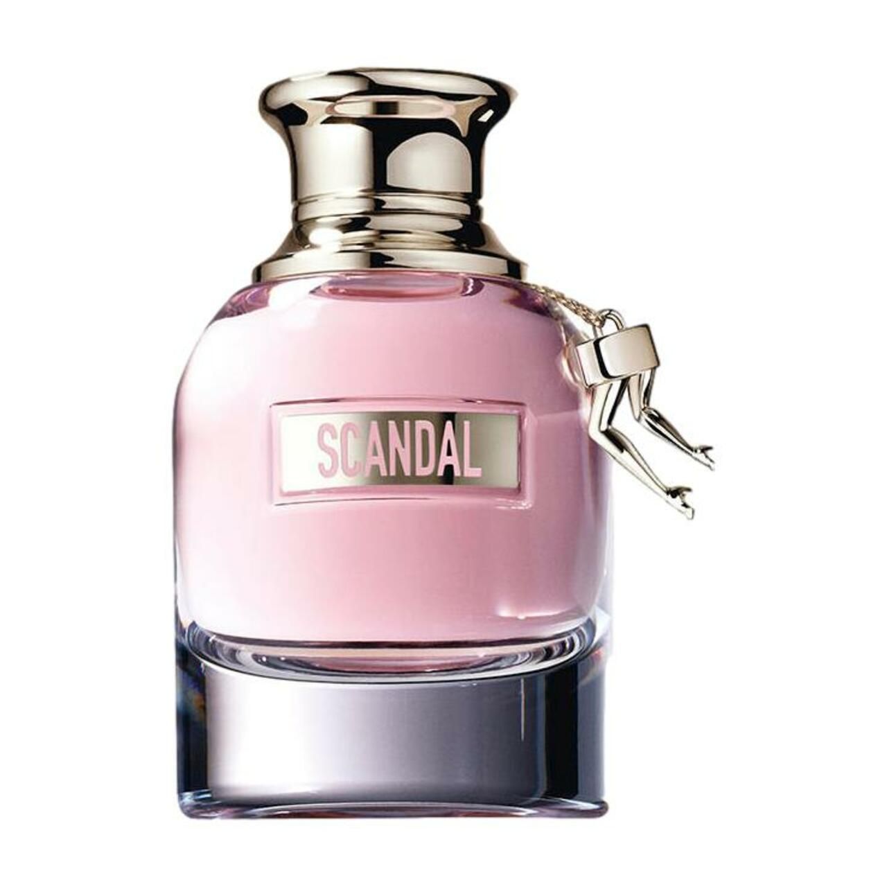 Rosa Parfumflasche mit silbernem Verschluss und Anhänger. Aufschrift: SCANDAL.