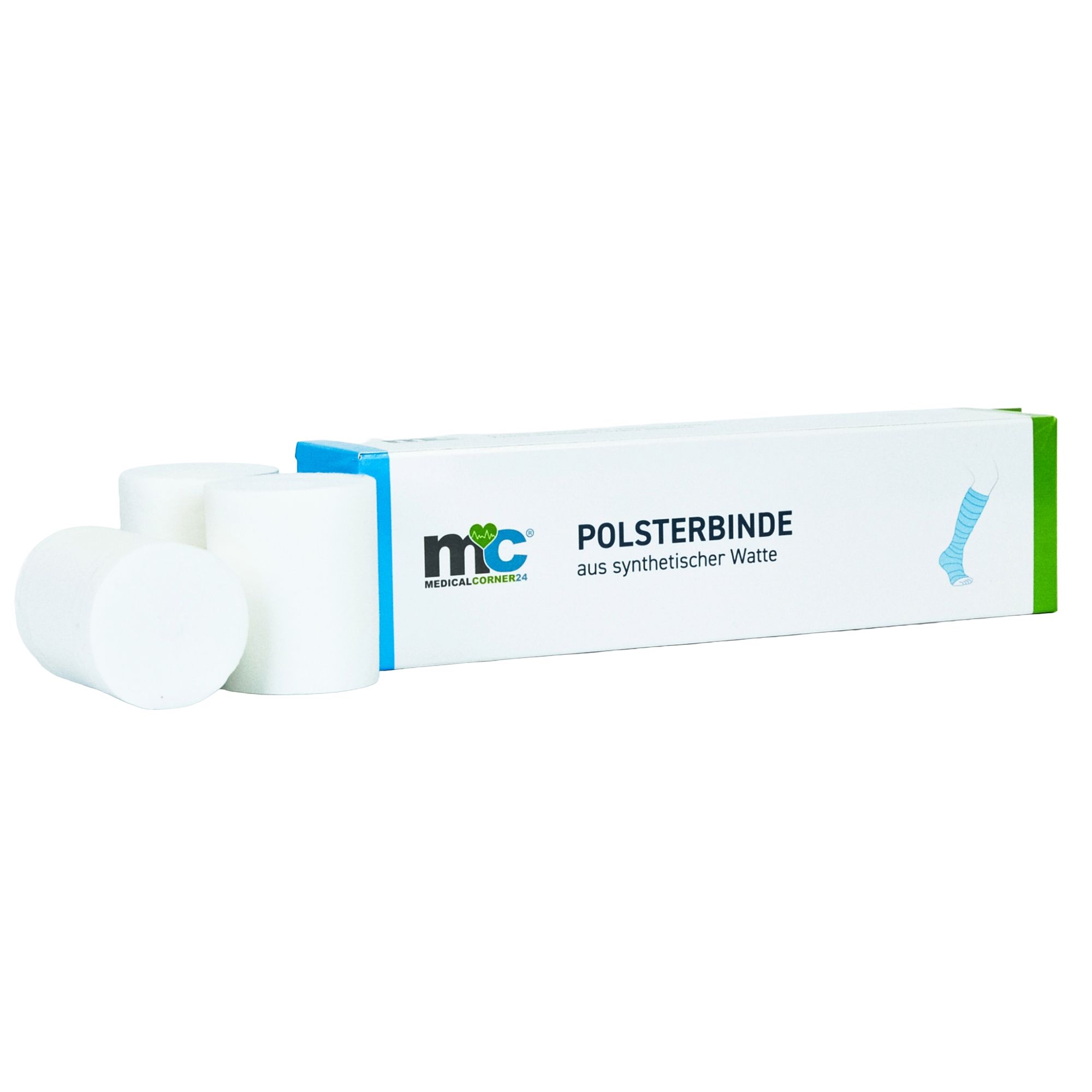 Drei weiße Polsterbinden-Rollen neben der Verpackung. Die Schachtel zeigt das Logo und die Produktbezeichnung.