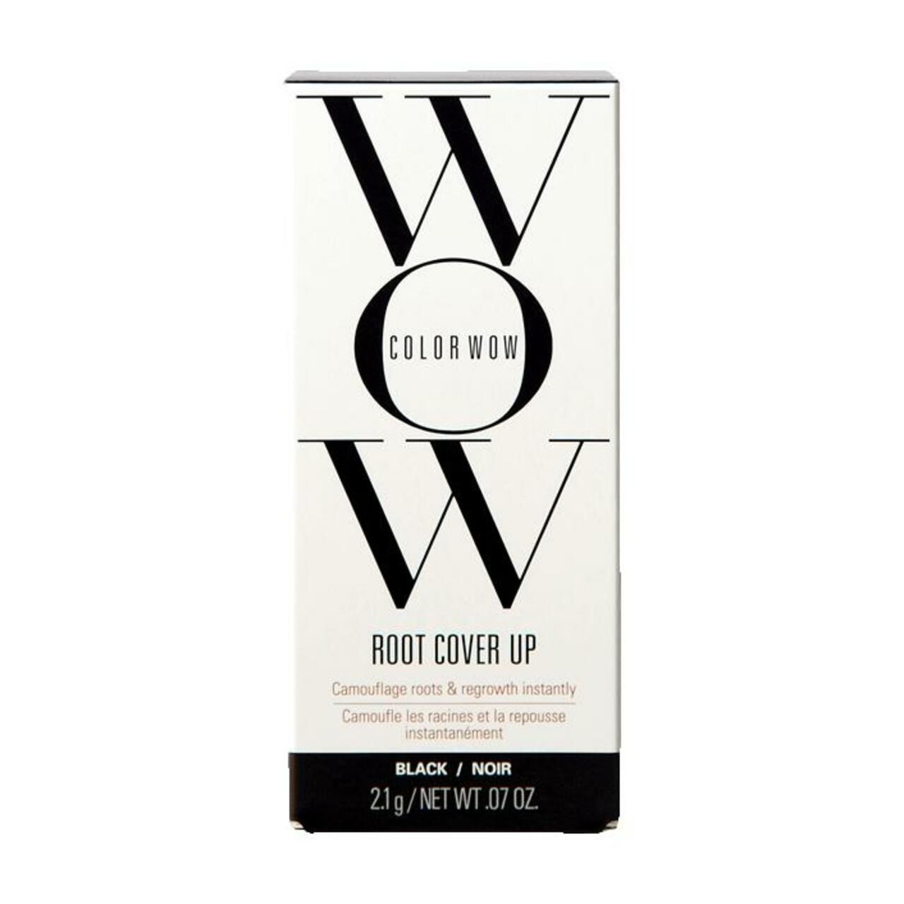 Schwarze Color Wow Root Cover Up-Verpackung. Enthält Text und Logo. Schwarzer Block am unteren Rand. Produktname und Farbe.