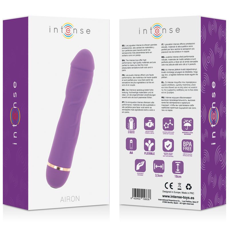 Produktverpackung mit Vibrator. Marke Intense. Auf der Verpackung sind Produktinformationen und Symbole abgebildet.