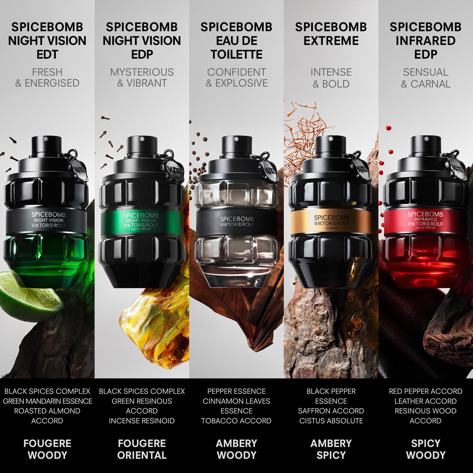 Fünf Flakons. SPICEBOMB-Reihe. Verschiedene Farben und Düfte. Aufschrift: SPICEBOMB VIKTOR&ROLF. Verschiedene Inhaltsstoffe.
