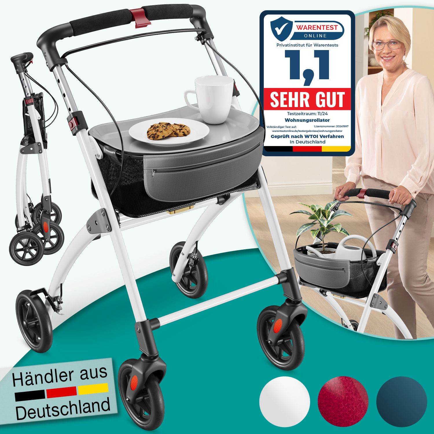 Rollator mit Tablett, Korb und Feststellbremse. Weißer Rahmen, schwarze Räder. Zertifizierung "SEHR GUT".