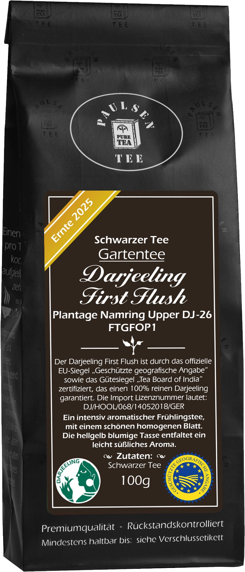 Schwarzer Tee Paulsen Darjeeling First Flush, Ernte 2025, Plantage Namring Upper, FTGFOP1. Verpackung mit Etikett und Siegel.