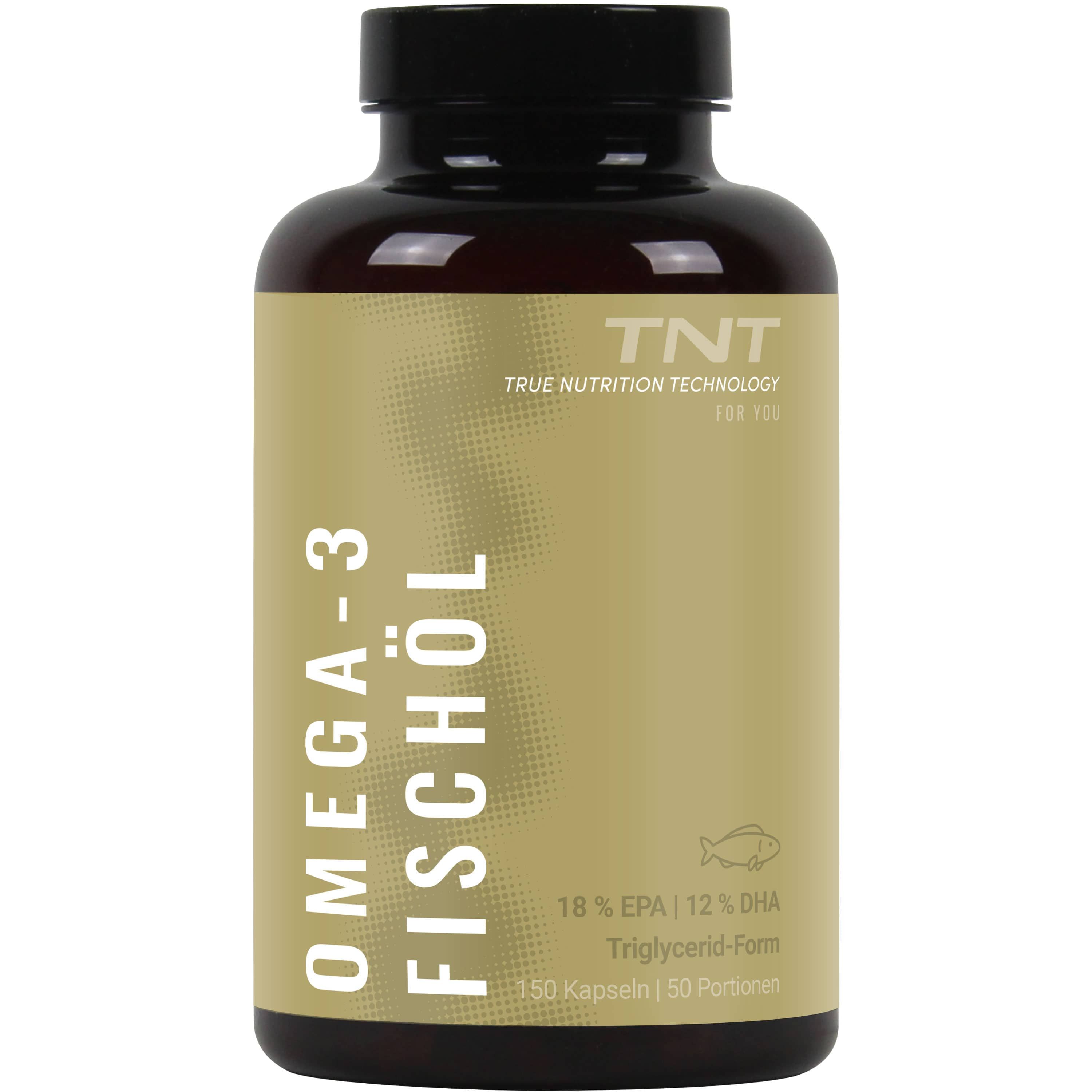 Braune Flasche mit TNT Omega-3 Fischöl-Kapseln. Aufschrift: Omega-3 Fischöl, 18% EPA, 12% DHA, Triglycerid-Form.