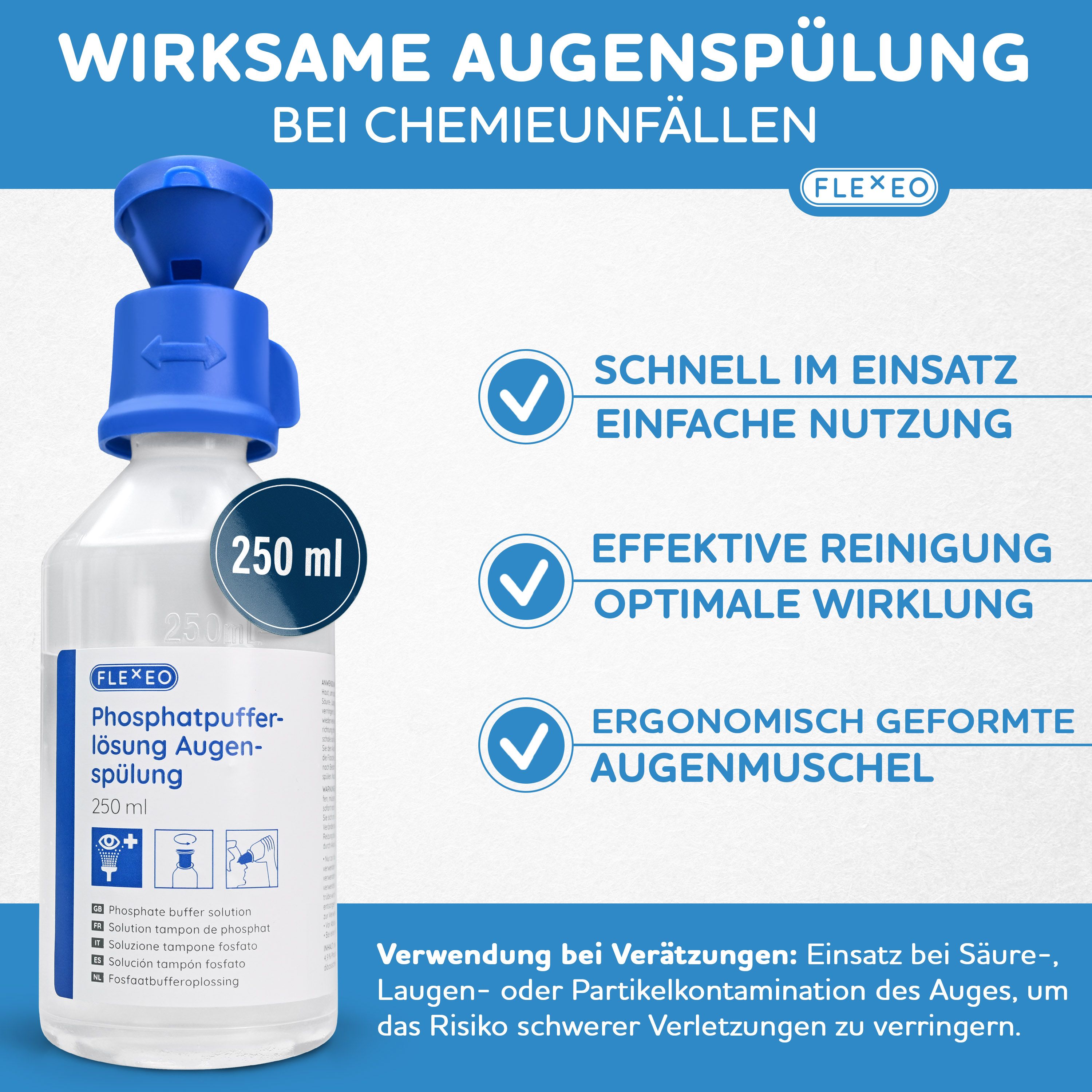 FLEXEO Augenspülflasche. Weiße Flasche mit blauem Aufsatz. Aufschrift: Phosphatpuffer-Lösung Augenspülung. 250 ml.