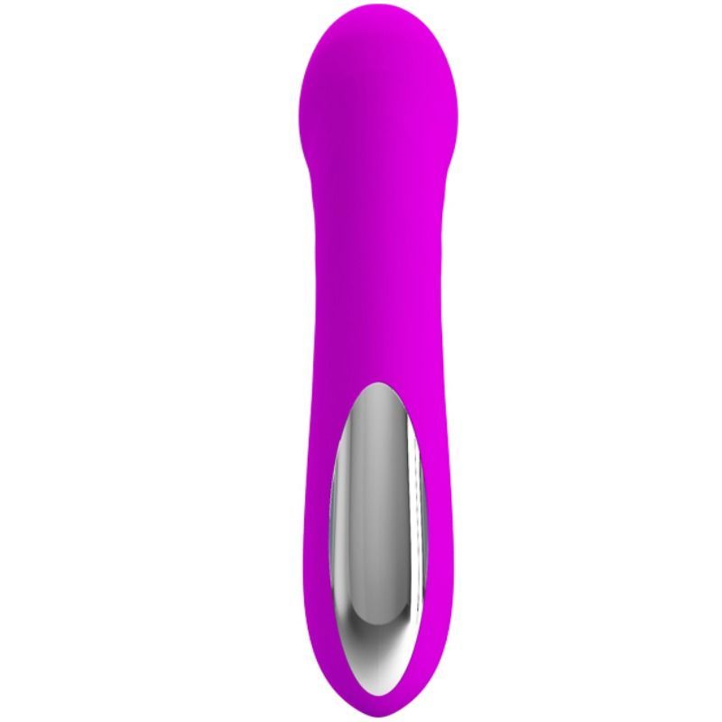 Lila Vibrator mit ovalem Kopf und silbernem Einsatz.