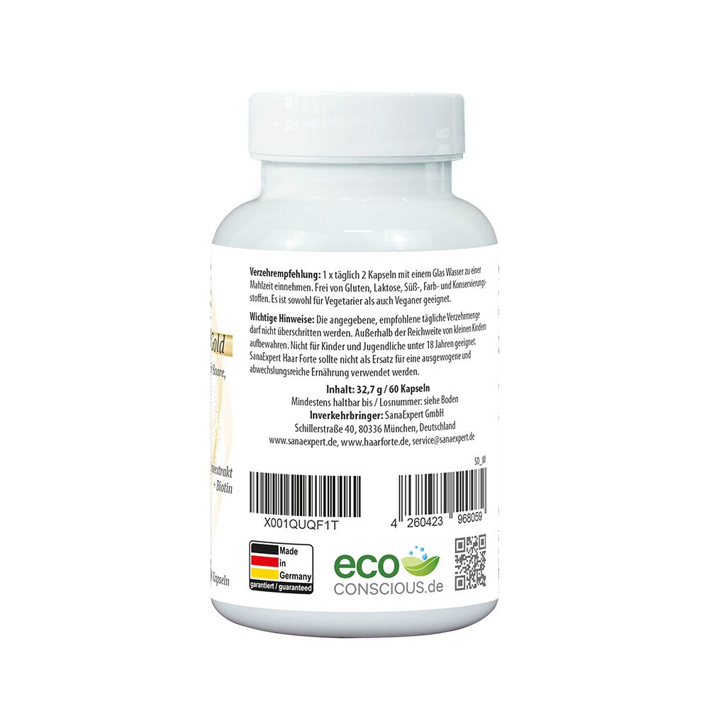 Rückseite der weißen Flasche mit Verzehrempfehlung und Warnhinweisen. Text in deutscher Sprache. Enthält Informationen zur Anwendung.