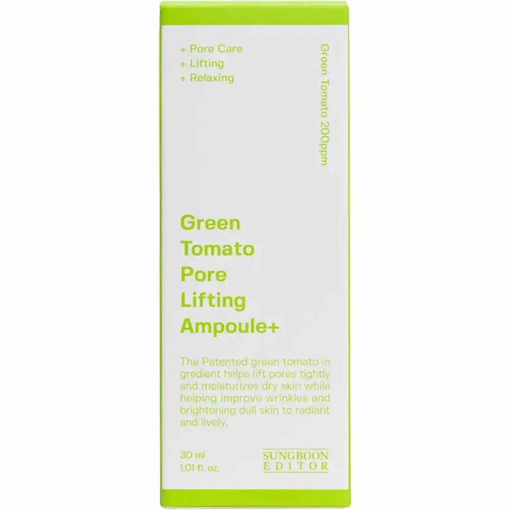 Weiße Verpackung mit Text: Green Tomato Pore Lifting Ampoule+. Produktbeschreibung.