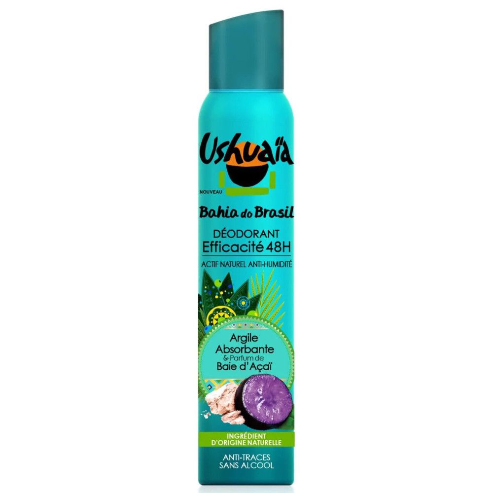 Türkisfarbenes Deodorant-Spray mit blauem Deckel. Aufschrift: Ushuaïa, Bahia do Brasil, Efficacité 48H. Mit Tonerde und Acai-Beere.