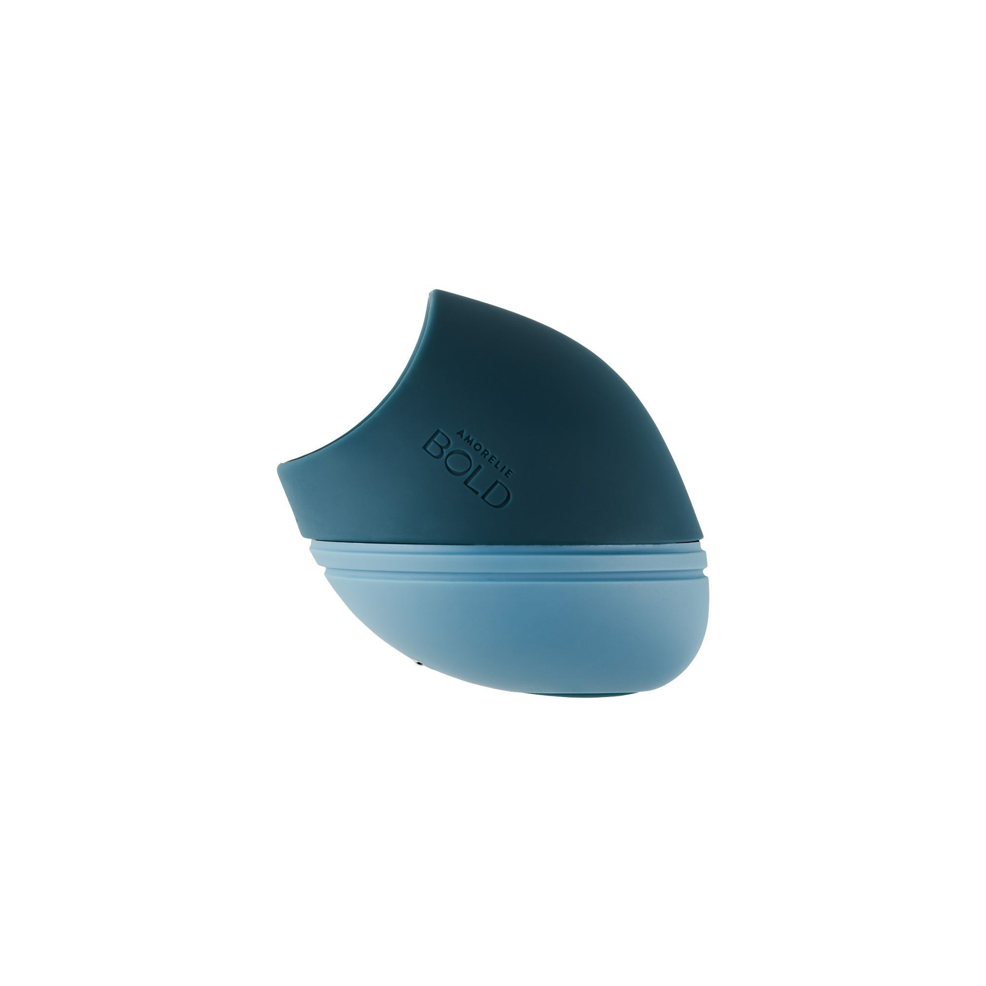 Blau-teal farbener Gegenstand. Abgerundete Form mit offener Seite. Aufschrift AMORELIE BOLD.