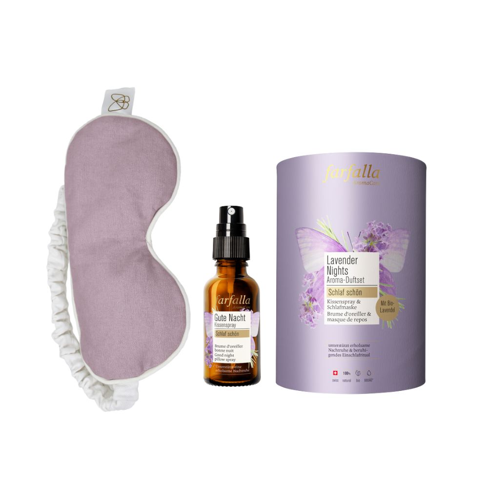 Set mit Augenmaske, Aromaspray und runder Verpackung. Aufdruck: Farfalla, Lavender Nights Aroma-Duftset.