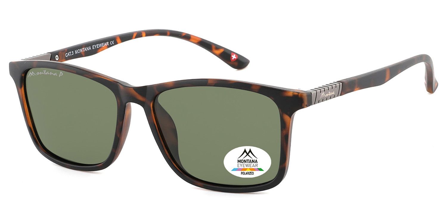 Sonnenbrille mit braunem Rahmen und grünen Gläsern. Logo auf dem Bügel. Auf einem Glas ist ein Aufkleber mit Logo und "Polarized".