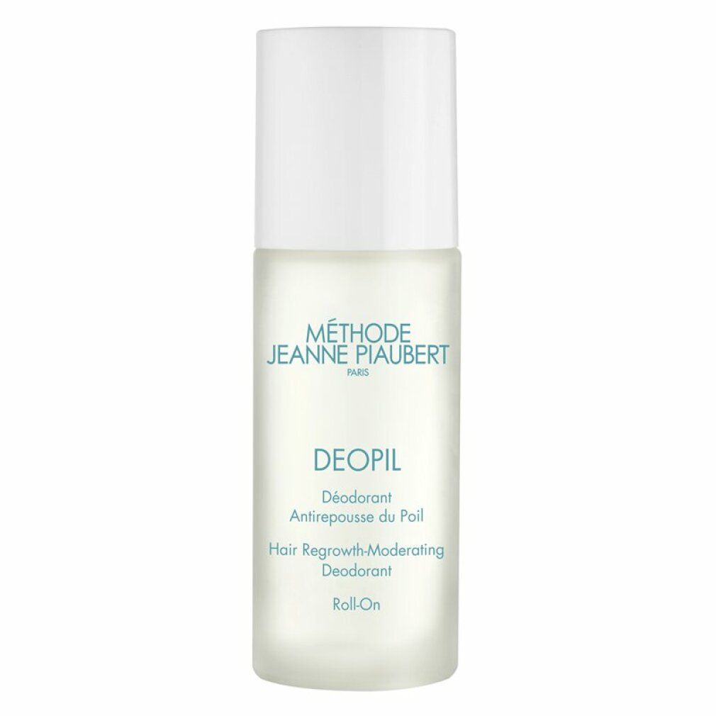 Deo Roll-On mit weißem Verschluss und mattiertem Glasbehälter. Beschriftung: MÉTHODE JEANNE PIAUBERT DEOPIL.
