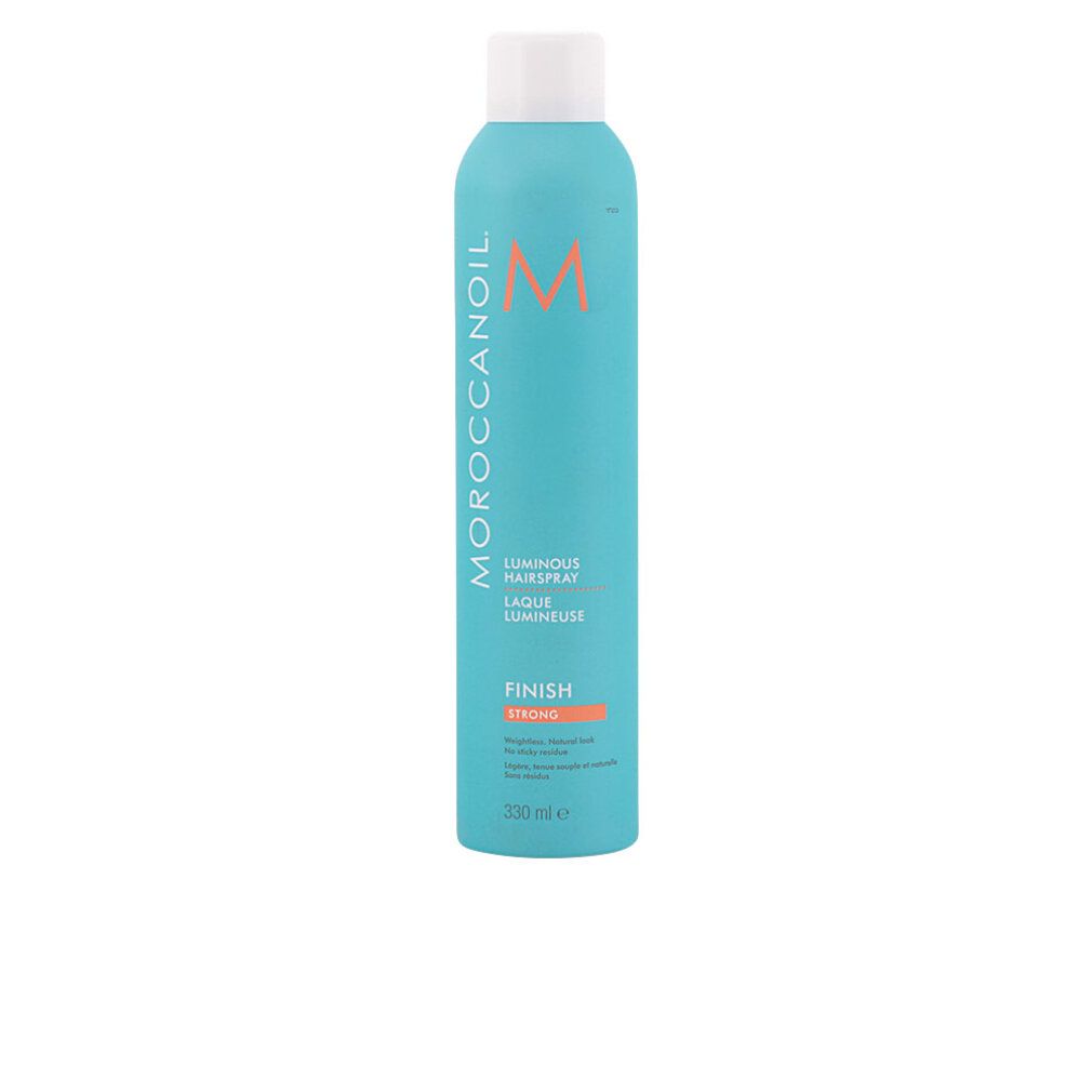 Türkisfarbene Sprühflasche mit weißem Deckel. Aufschrift: MOROCCANOIL, Luminous Hairspray, Finish Strong. Orangefarbener Akzent.