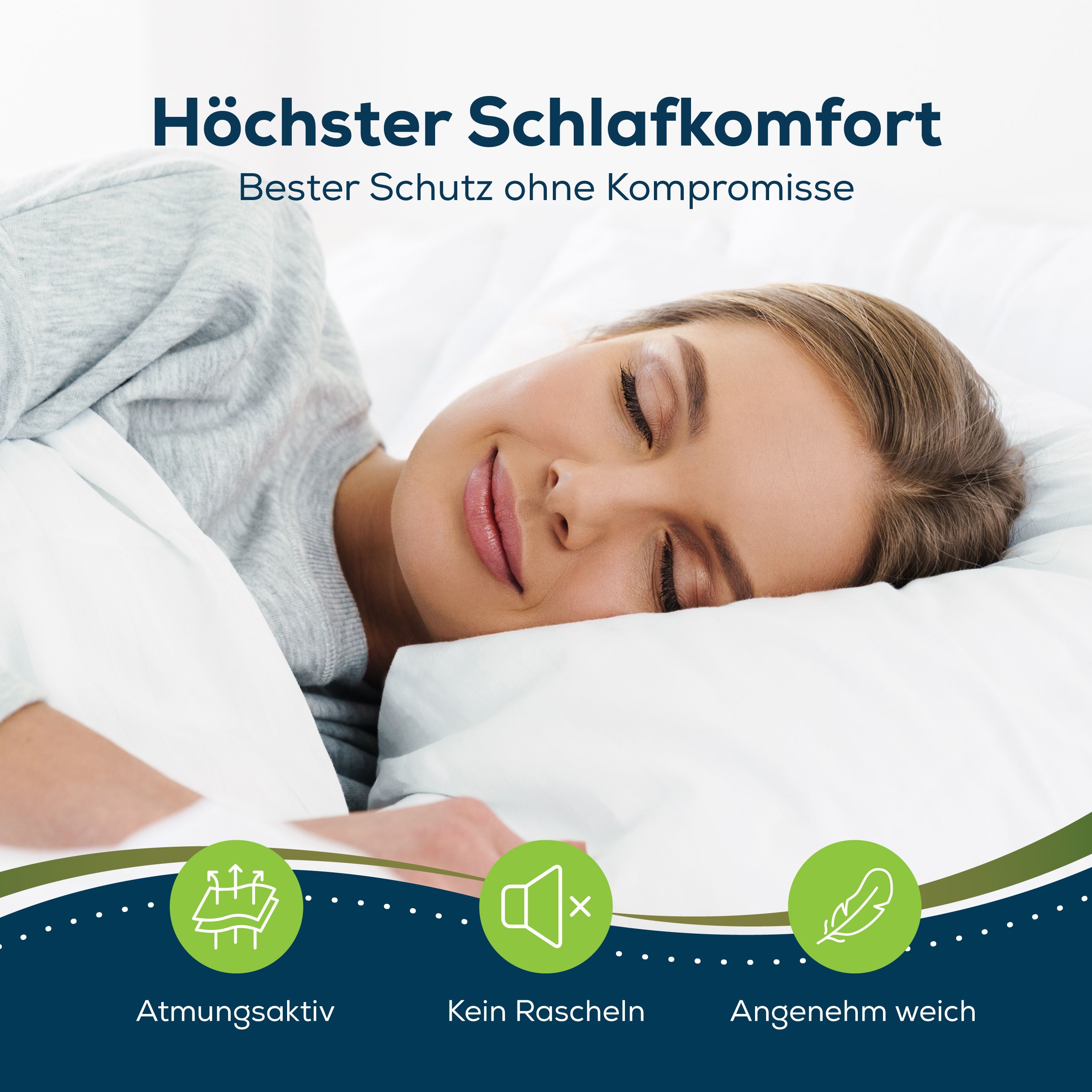 Frau schläft auf Kissen. Atmungsaktiv, geräuschlos, weich. Höchster Schlafkomfort.