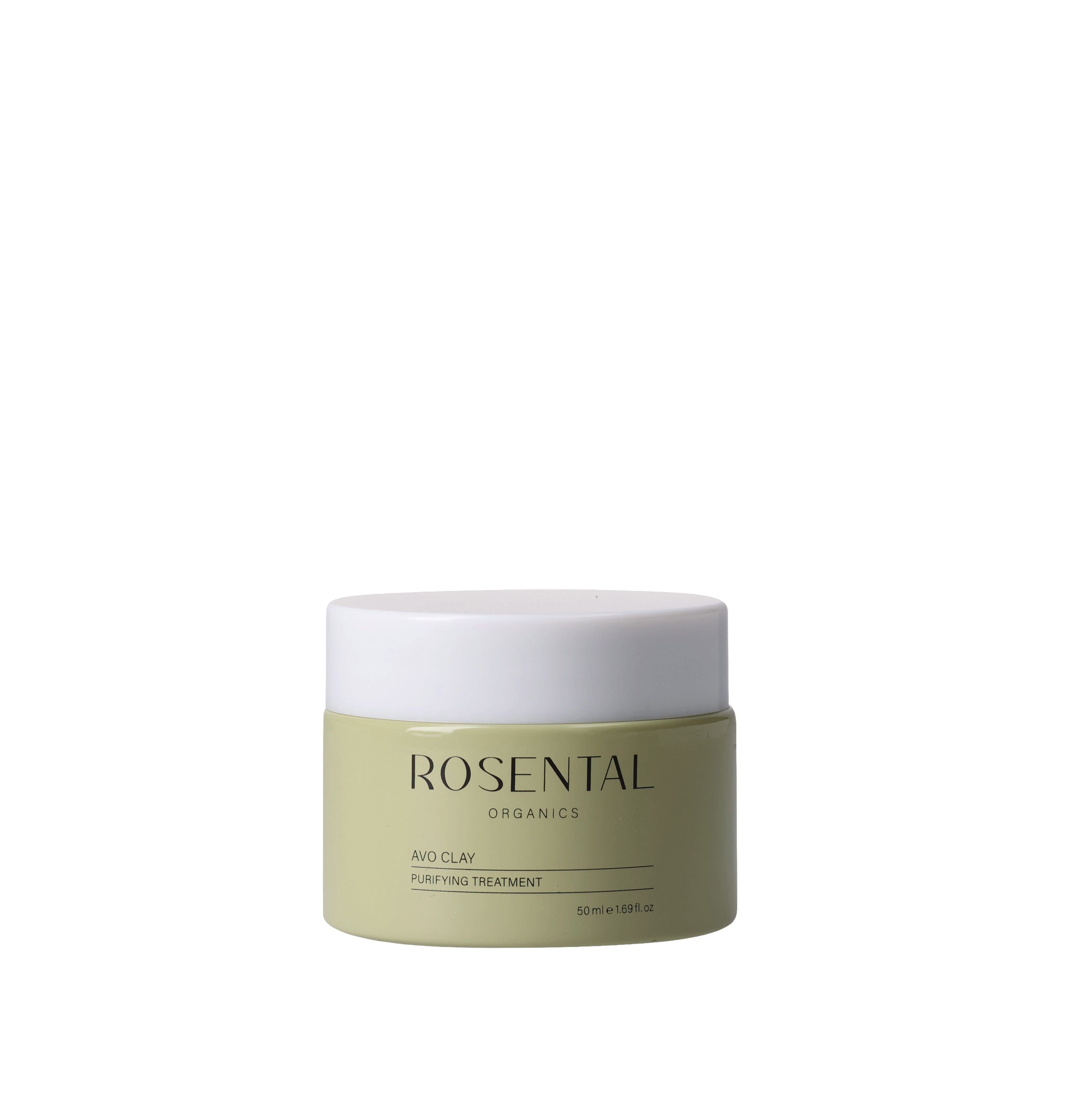 Rosental Avo Clay Mask Dose mit weißem Deckel. Grüner Behälter, Produktetikett.