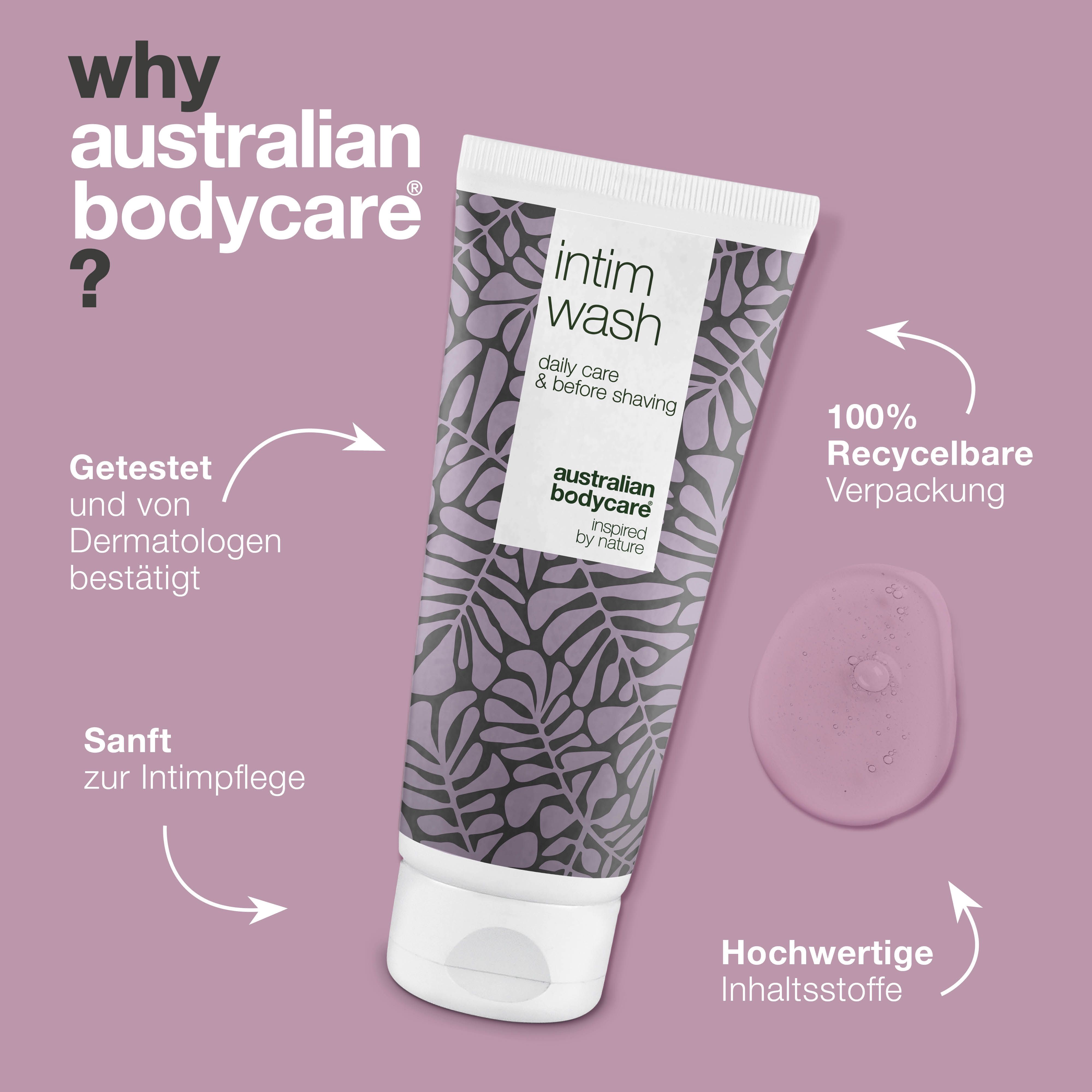 Grafik: Warum Australian Bodycare? Tube Intimwaschlotion. Text: 100% recycelbare Verpackung, etc.