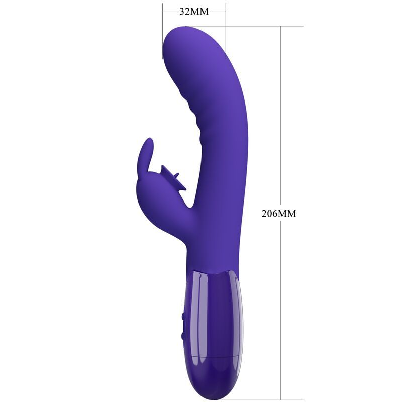 Violett farbiger Vibrator mit Hasenohren-Design. Gebogene Form. Maße: 206mm x 32mm. Sicht von der Seite.