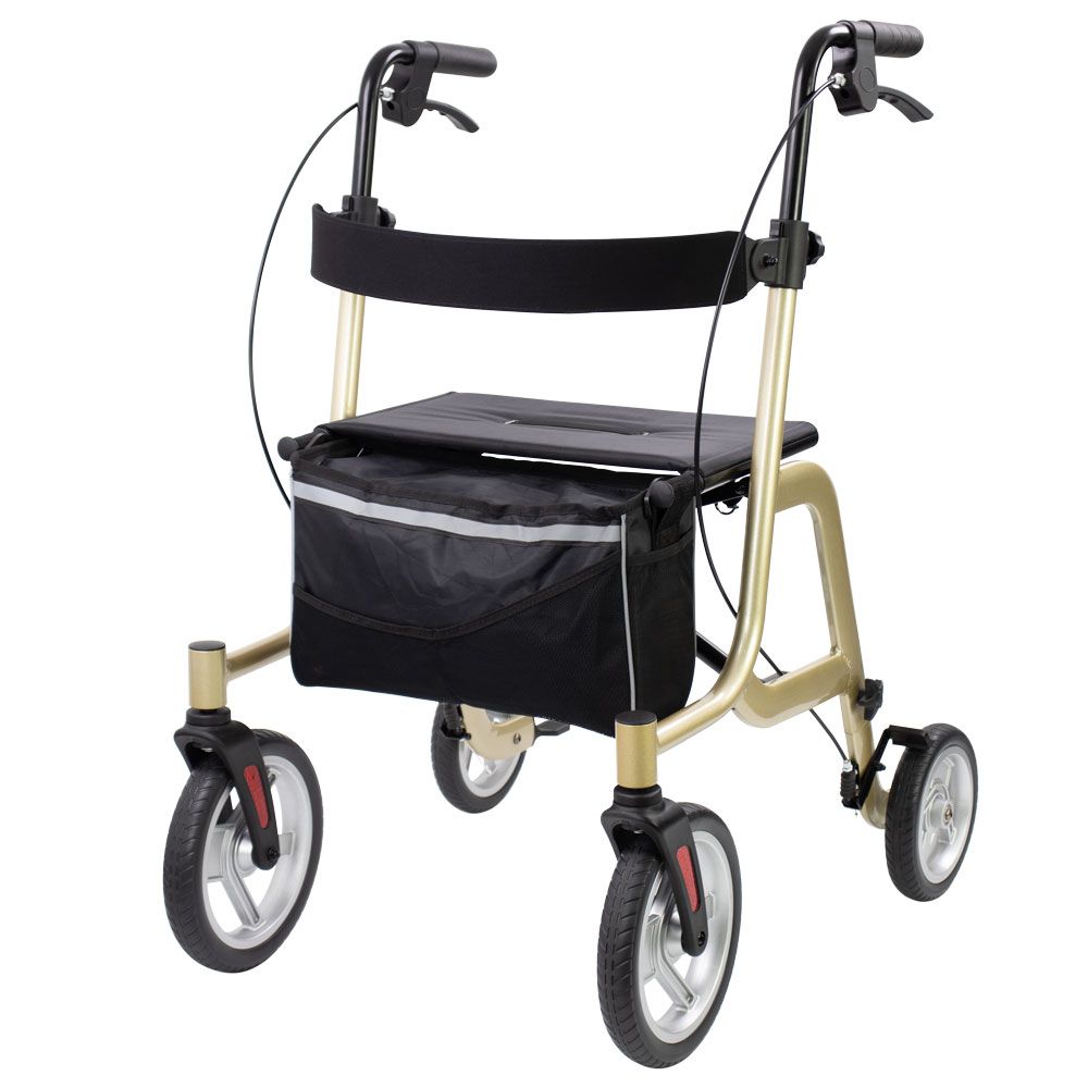 Rollator mit vier Rädern, goldfarbenem Rahmen, schwarzem Sitz und Tasche. Griffe mit Bremsen. Räder mit roten Akzenten.