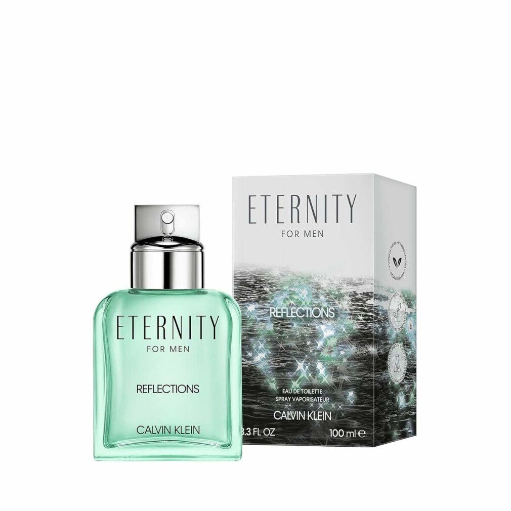 Eternity for Men Reflections Flakon und Verpackung. Eckiger Glasflakon und rechteckige Verpackung. Schriftzug Eternity, For Men, Reflections, Calvin Klein.