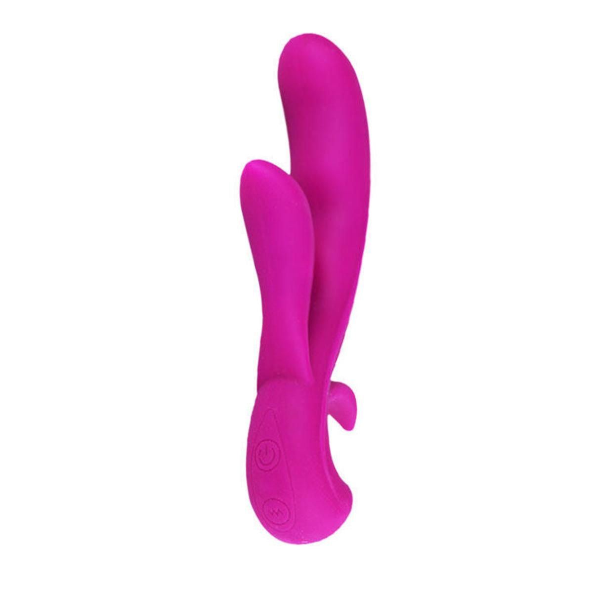 Pinkfarbener Vibrator mit zwei Stimulationselementen. Bedienknöpfe am unteren Ende. Aus Silikon.