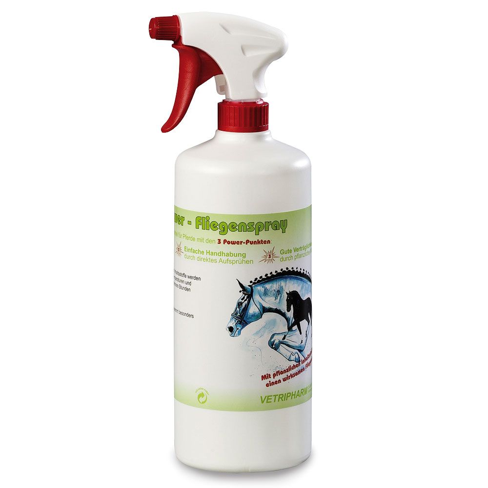 Weiße Sprühflasche mit rotem Sprühkopf. Etikett mit Produktnamen und Pferdeillustration. VETRIPHARM Logo.