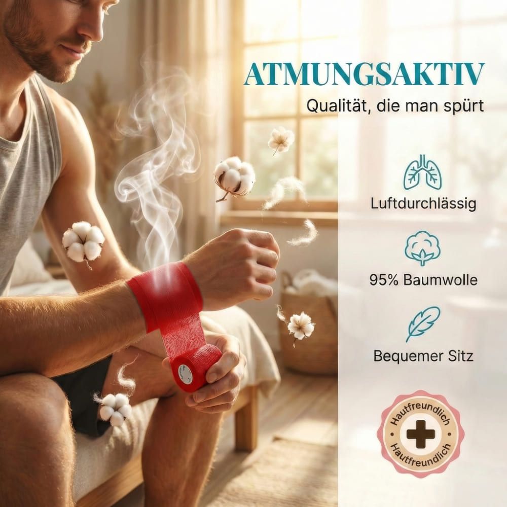 Mann mit roter Bandage am Handgelenk. Text: Atmungsaktiv, 95% Baumwolle, bequemer Sitz, hautfreundlich.