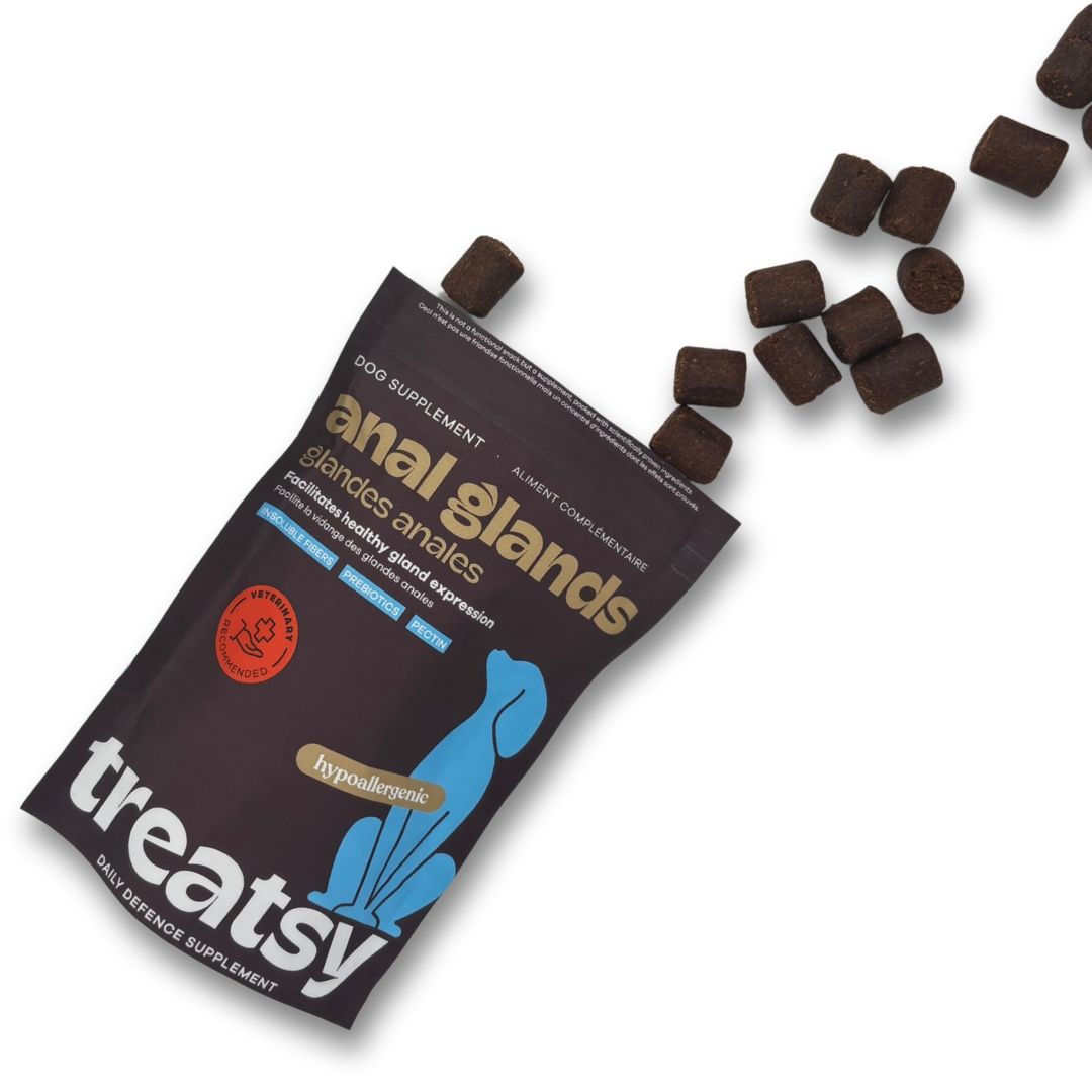 Beutel mit Ergänzungsfuttermittel. Braune Tabletten fallen heraus. Text: Anal Glands, hypoallergen, von Tierärzten empfohlen.