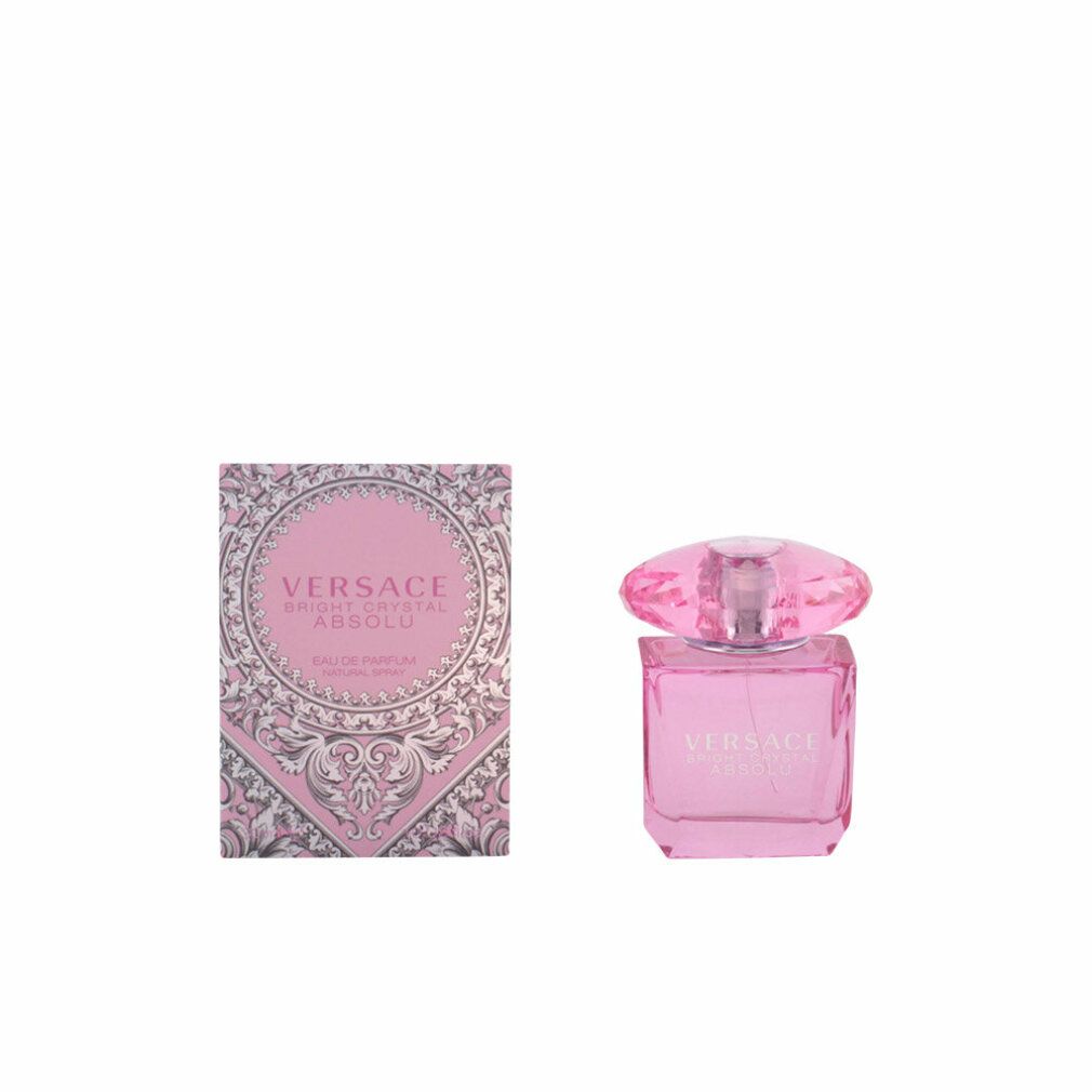 Rosa Flakon und Verpackung. Aufschrift: Versace Bright Crystal Absolu. Verpackung mit Muster.