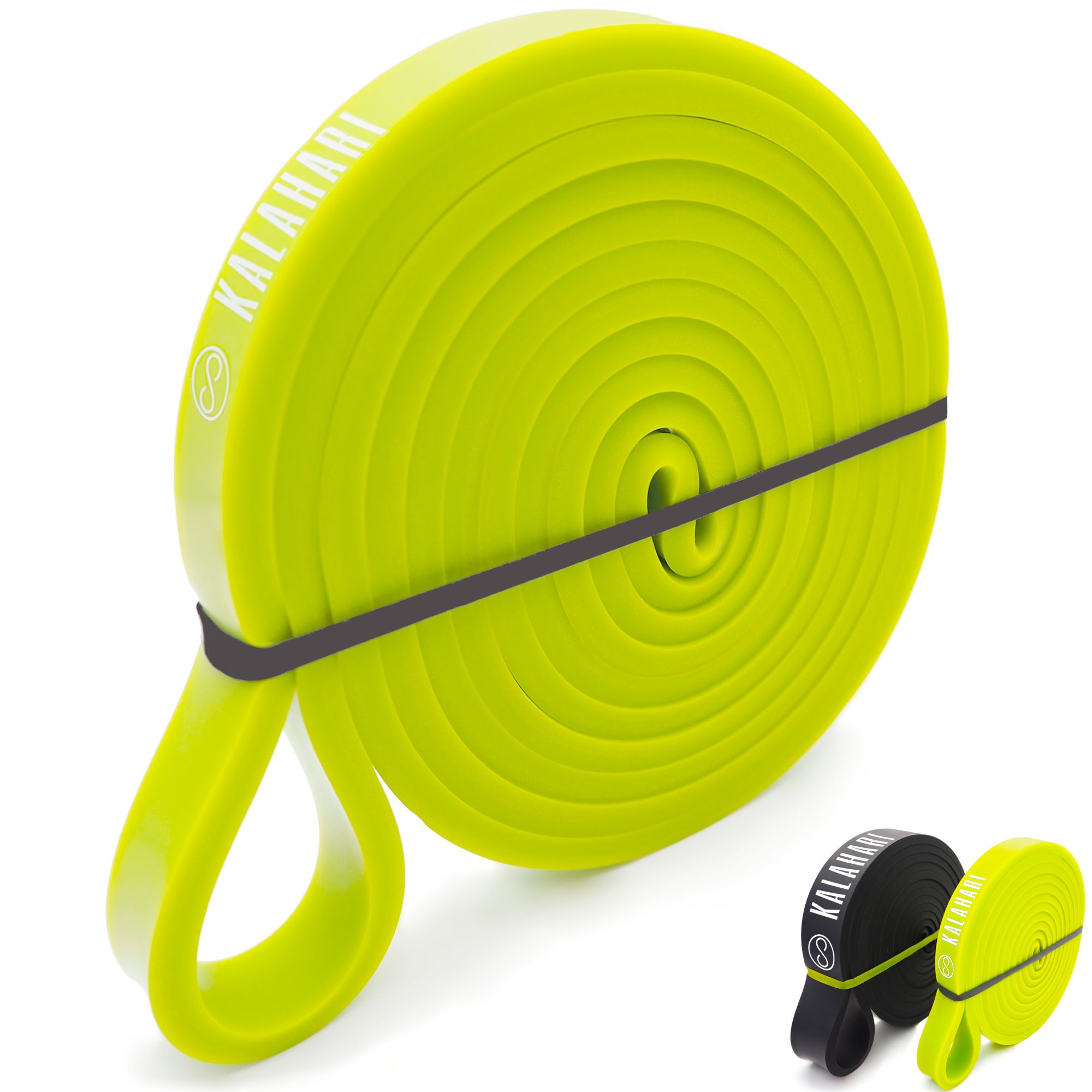 Grünes Widerstandsband, aufgerollt, mit schwarzem Gummiband fixiert. Marke KALAHARI sichtbar.