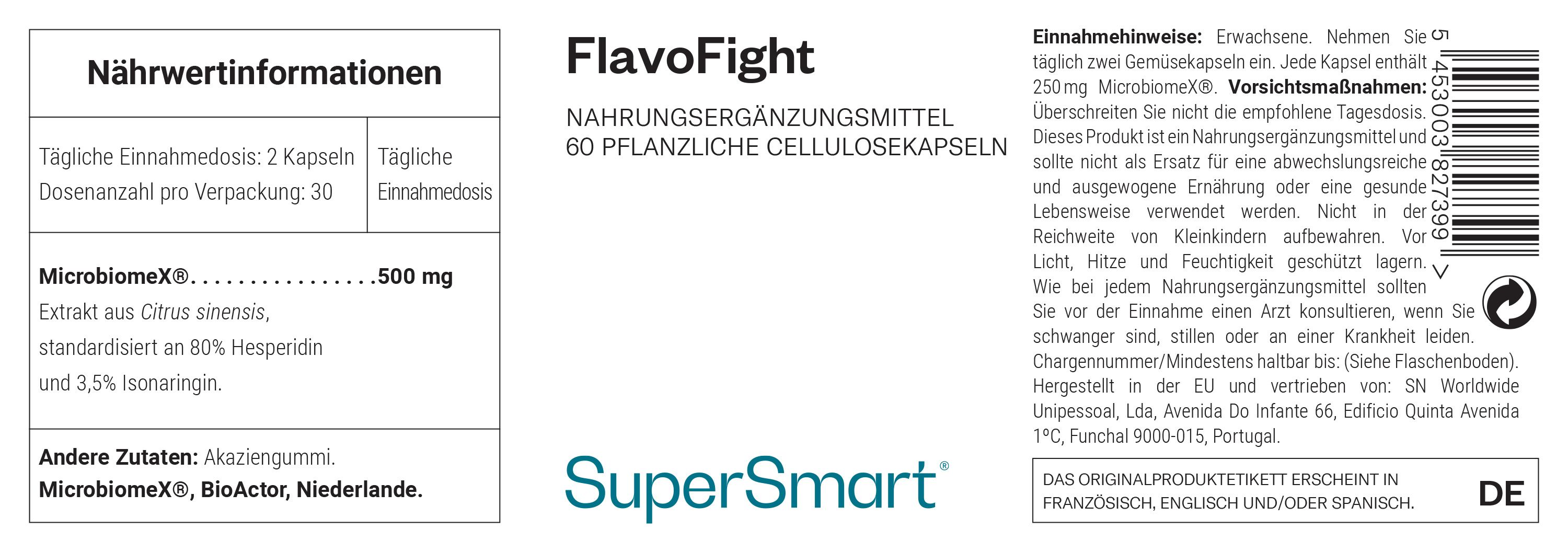 Etikett mit Produktinformationen. "FlavoFight" und "SuperSmart" sind sichtbar. Enthält 60 pflanzliche Cellulosekapseln. Text in Deutsch.