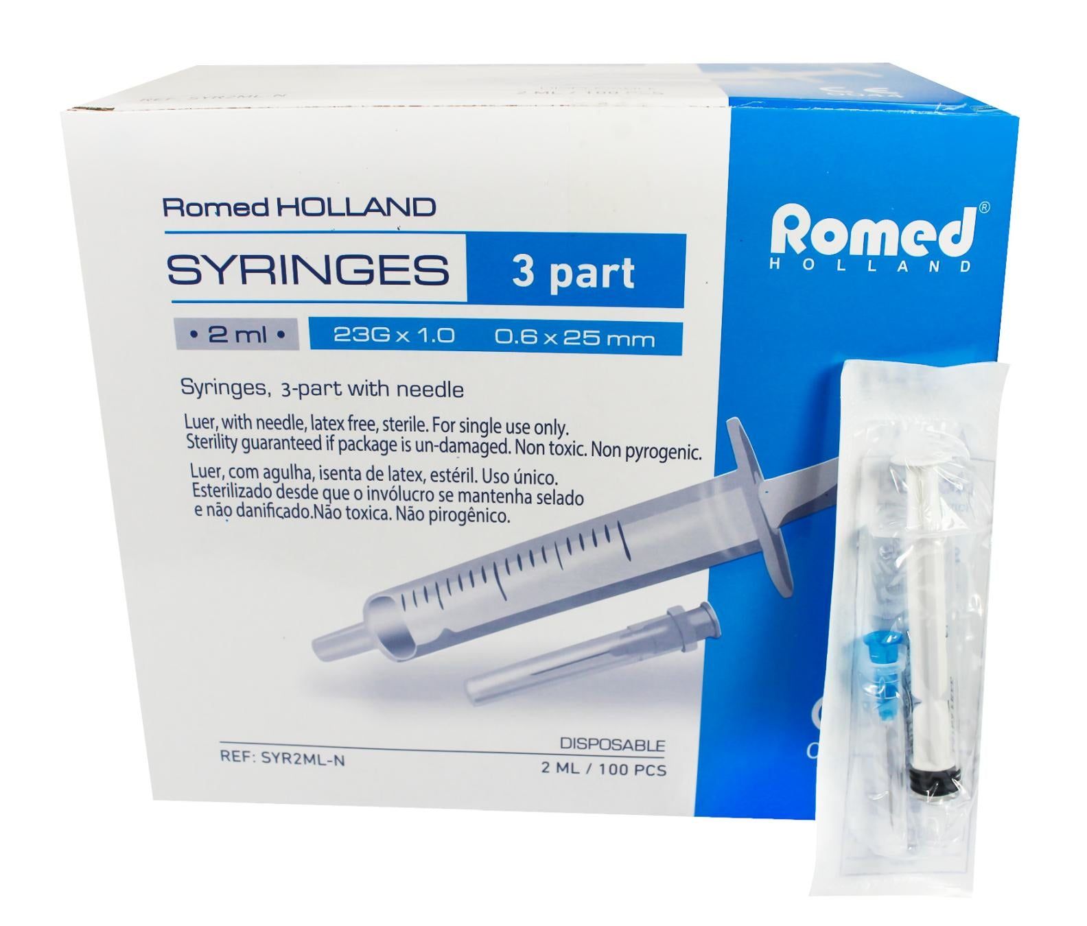 Verpackung von Romed Einmalspritzen. Box mit Produktabbildung und Produktinformationen. Einzelne Spritze in Folie.