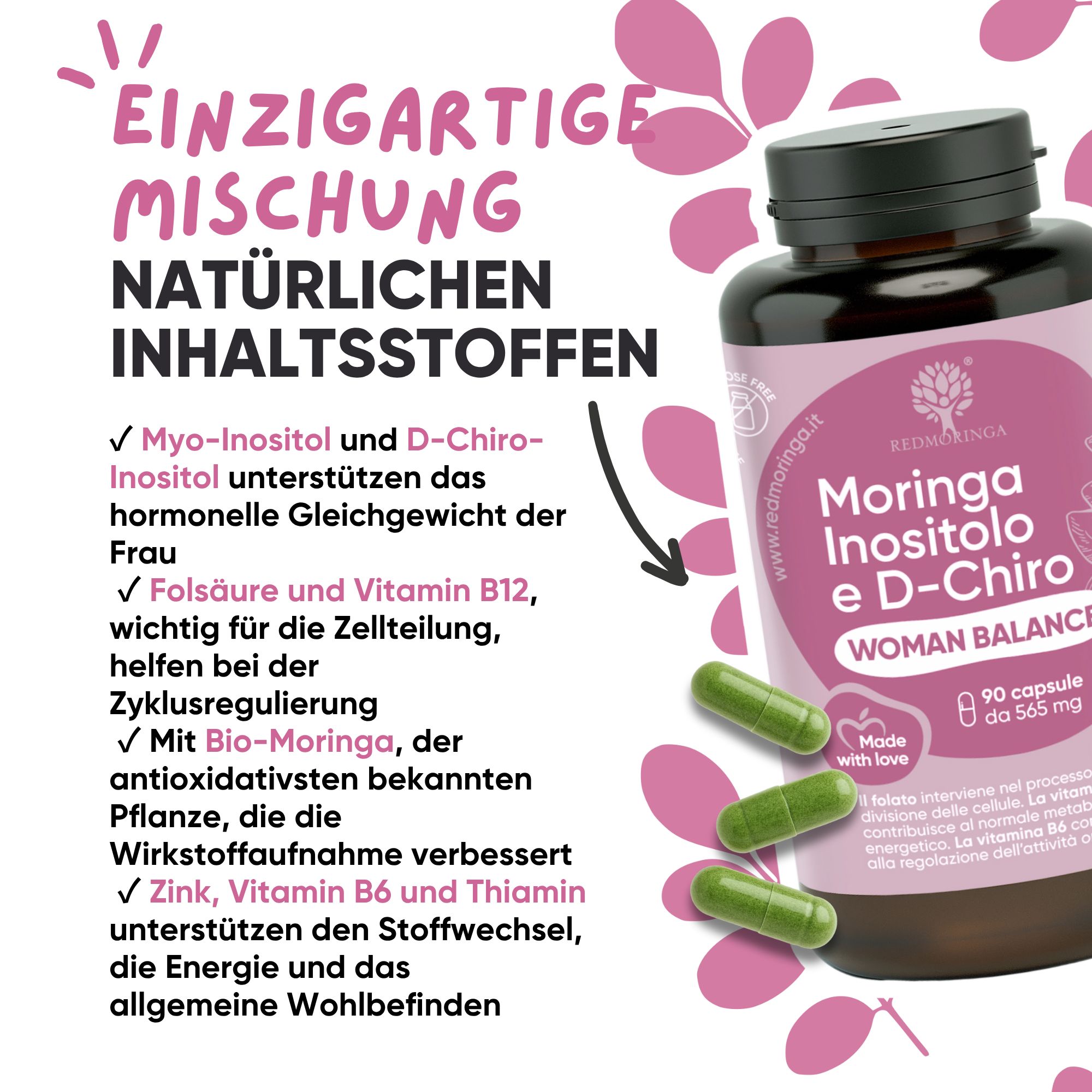 Flasche mit Kapseln, umgeben von grünen Kapseln. Enthält Bio-Moringa, Zink, B-Vitamine.
