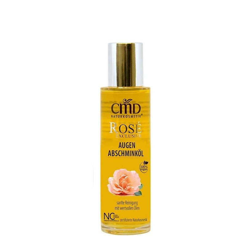 Gelbe Flasche mit goldfarbenem Deckel. Aufschrift: CMD Naturkosmetik Rosé Exclusive Augen-Abschminköl. Mit Rosenabbildung.