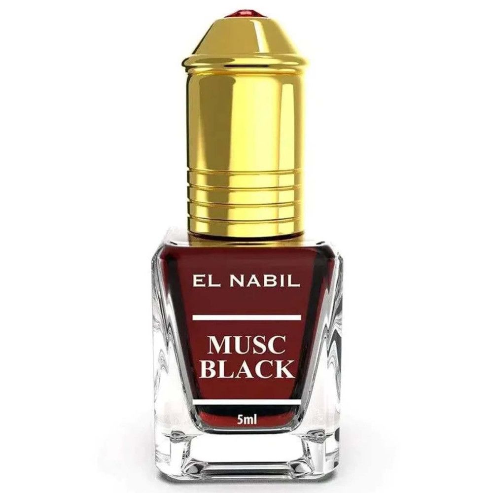 Parfumflakon mit goldfarbenem Deckel. Aufschrift: EL NABIL, MUSC BLACK, 5ml.