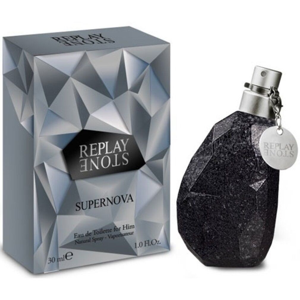 Flakon und Verpackung von Replay Stone Supernova. Schwarzer, facettierter Flakon mit silbernem Verschluss. Silberne Verpackung mit Logo.