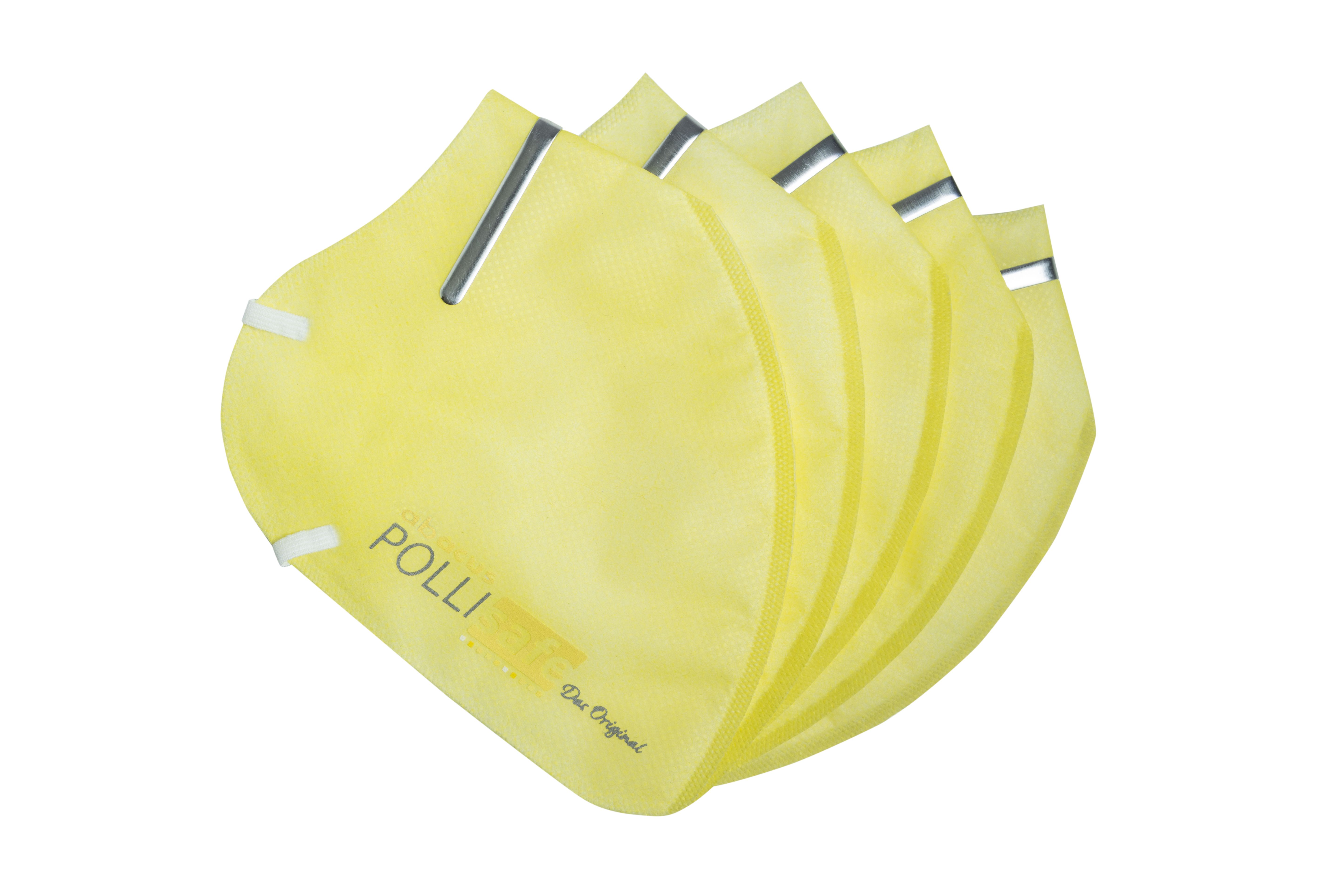 Gelbe Pollenschutzmasken. Mehrere Masken überlappend angeordnet. Auf einer Maske steht "POLLI" und "The Original".
