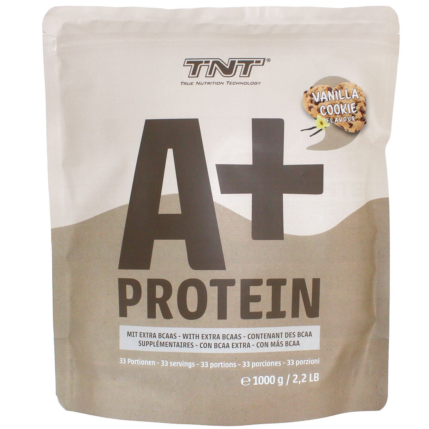 Beutel TNT A+ Protein, Aufschrift A+ Protein, Geschmacksrichtung Vanille Cookie. 1000g/2,2 lb.