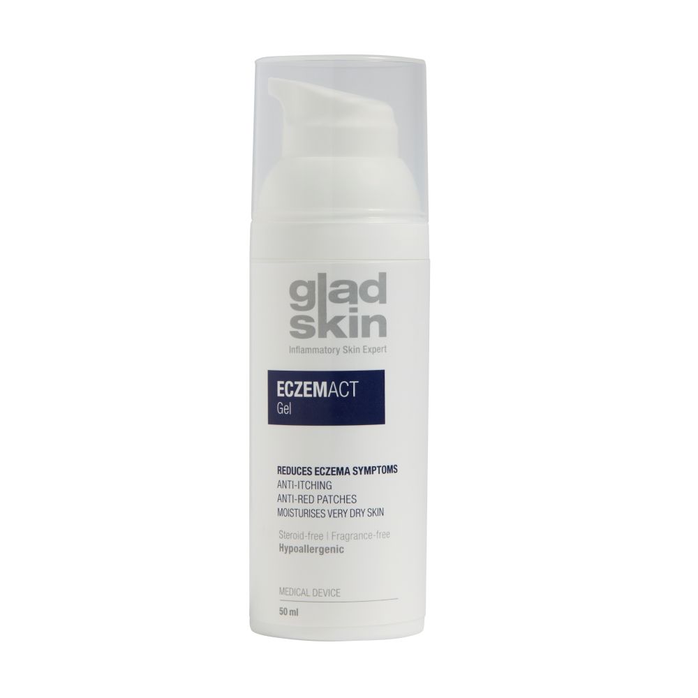 Weiße Flasche mit Pumpverschluss. Aufschrift: Gladskin Eczemact Gel. Reduziert Ekzemsymptome, wirkt gegen Rötungen, spendet Feuchtigkeit.