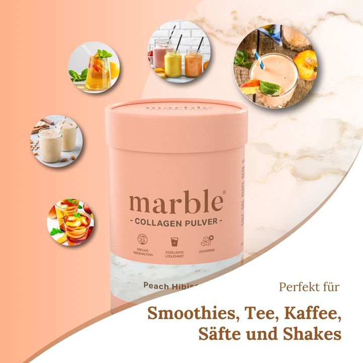 Rosa Dose mit Collagen Pulver. Grafiken zeigen Smoothies, Tee, Kaffee, Säfte und Shakes. Text: Perfekt für Smoothies, Tee, Kaffee, Säfte und Shakes.