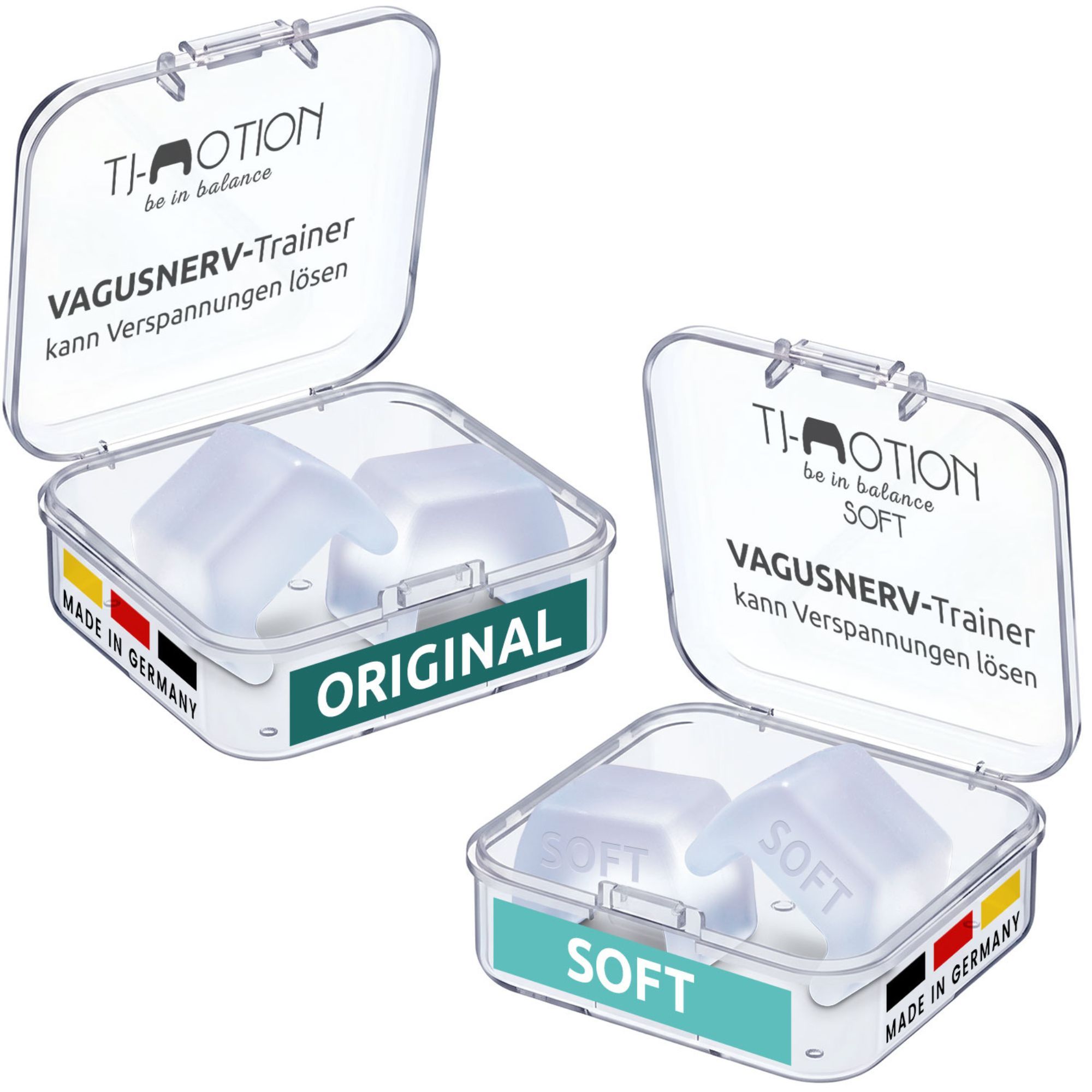 Zwei transparente Boxen mit je zwei kleinen, weißen, U-förmigen Produkten. Aufschrift "ORIGINAL" und "SOFT". Marke: TJ-Motion.