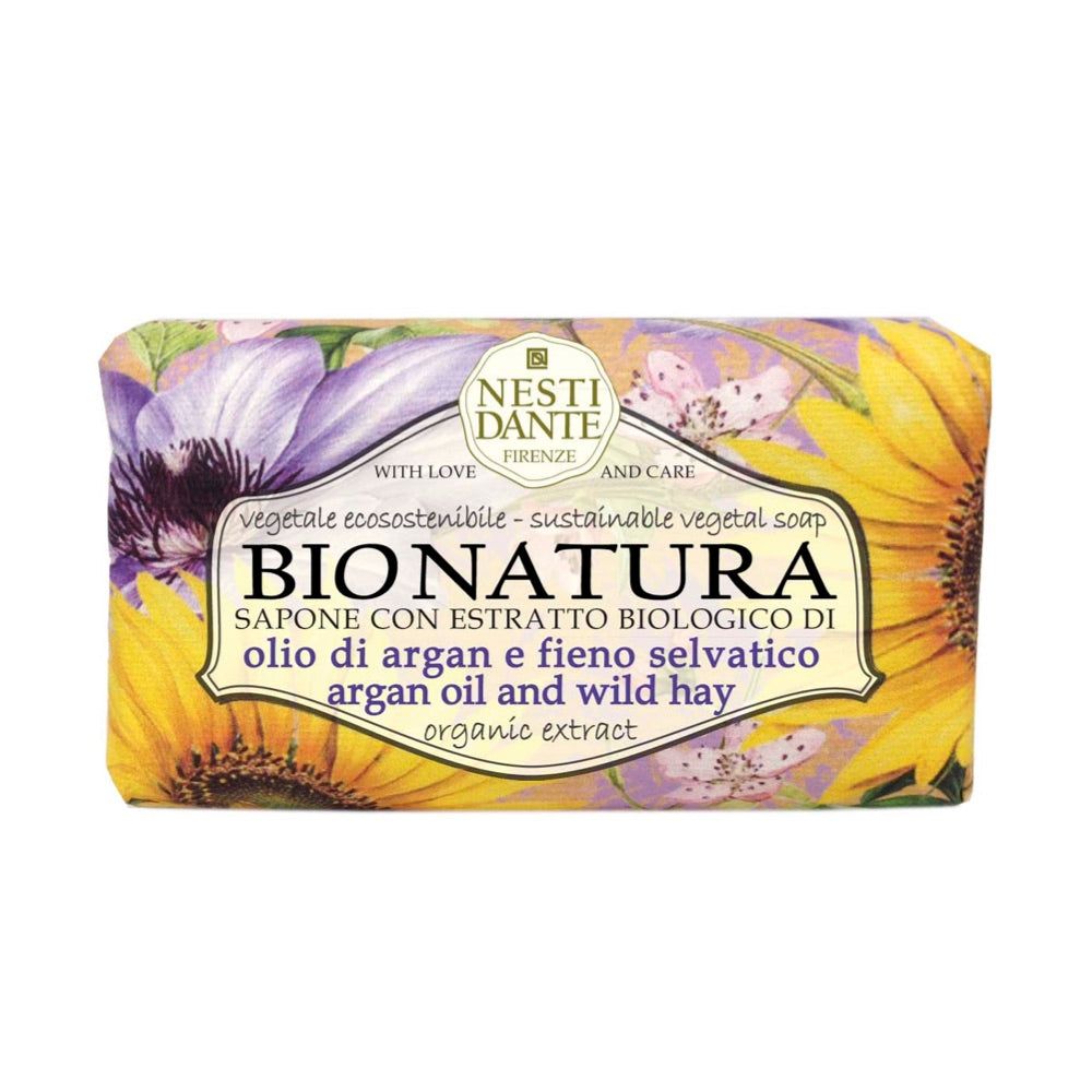 Savon Bionatura, huile d'argan et foin sauvage. Emballage floral. Marque Nesti Dante.