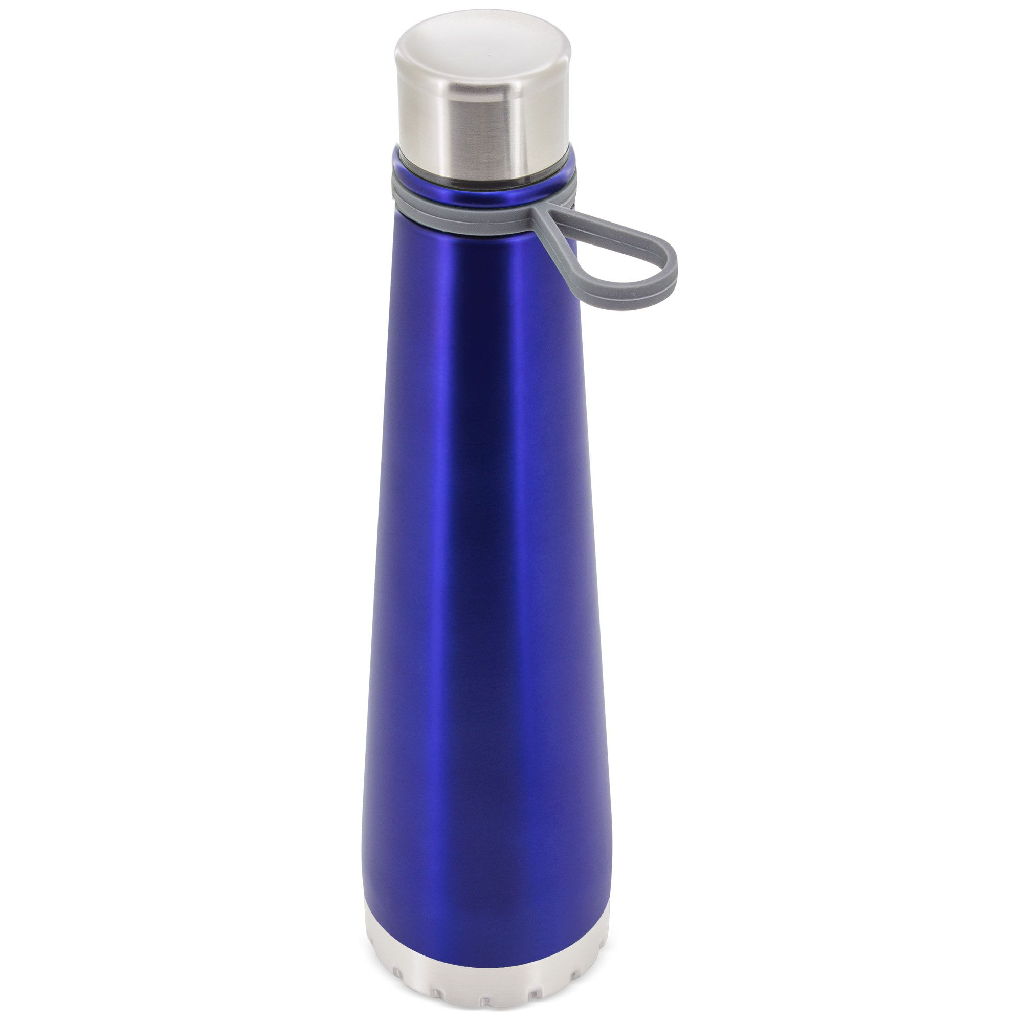 Blaue, konische Edelstahlflasche mit silbernem Deckel und Trageschlaufe. Boden und Deckel aus Metall.