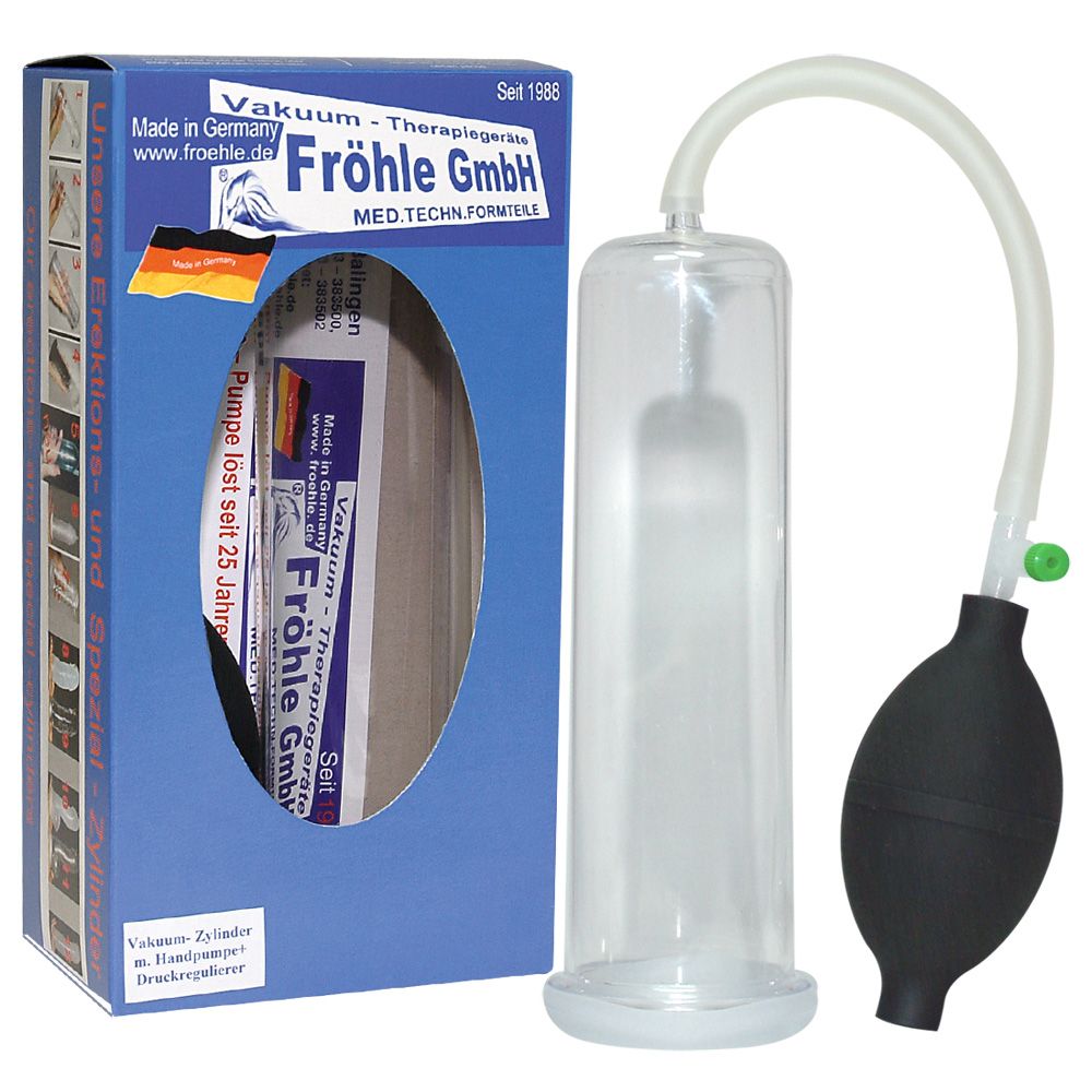 Produktverpackung mit transparentem Zylinder, schwarzem Gummiball, Schlauch und Ventil. Text: Fröhle GmbH.
