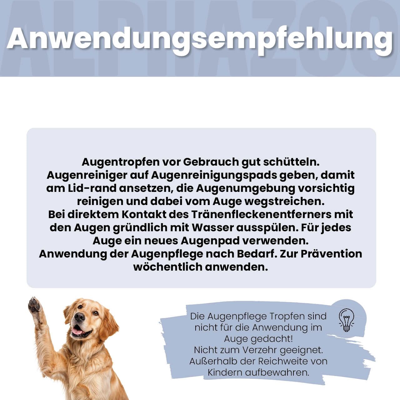 Anwendungsempfehlung. Text und ein Hund, der die Pfote hebt. Text: Augentropfen vor Gebrauch gut schütteln.