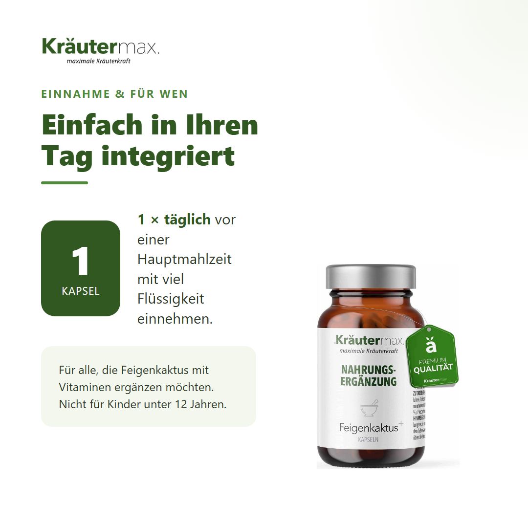 Anwendungshinweis: 1 Kapsel täglich. Flasche Kräutermax Feigenkaktus Kapseln.